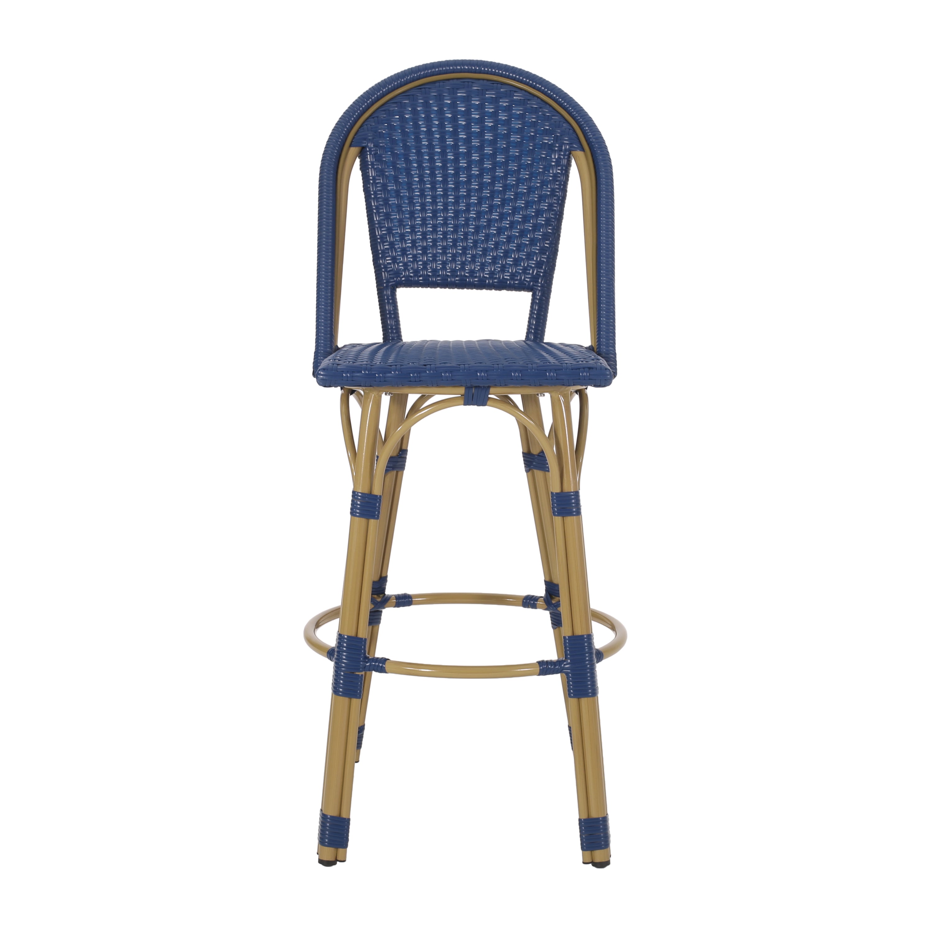 Callisto 29.5" Outdoor Rattan and Aluminum Bar Stool with Curved Back and Footrest