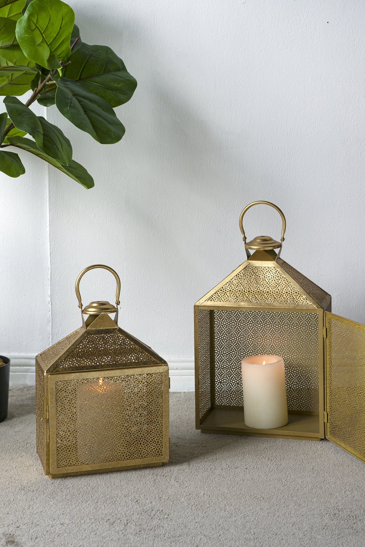Gold Iron Lanterns with Intricate Perforated Design, Set of 2