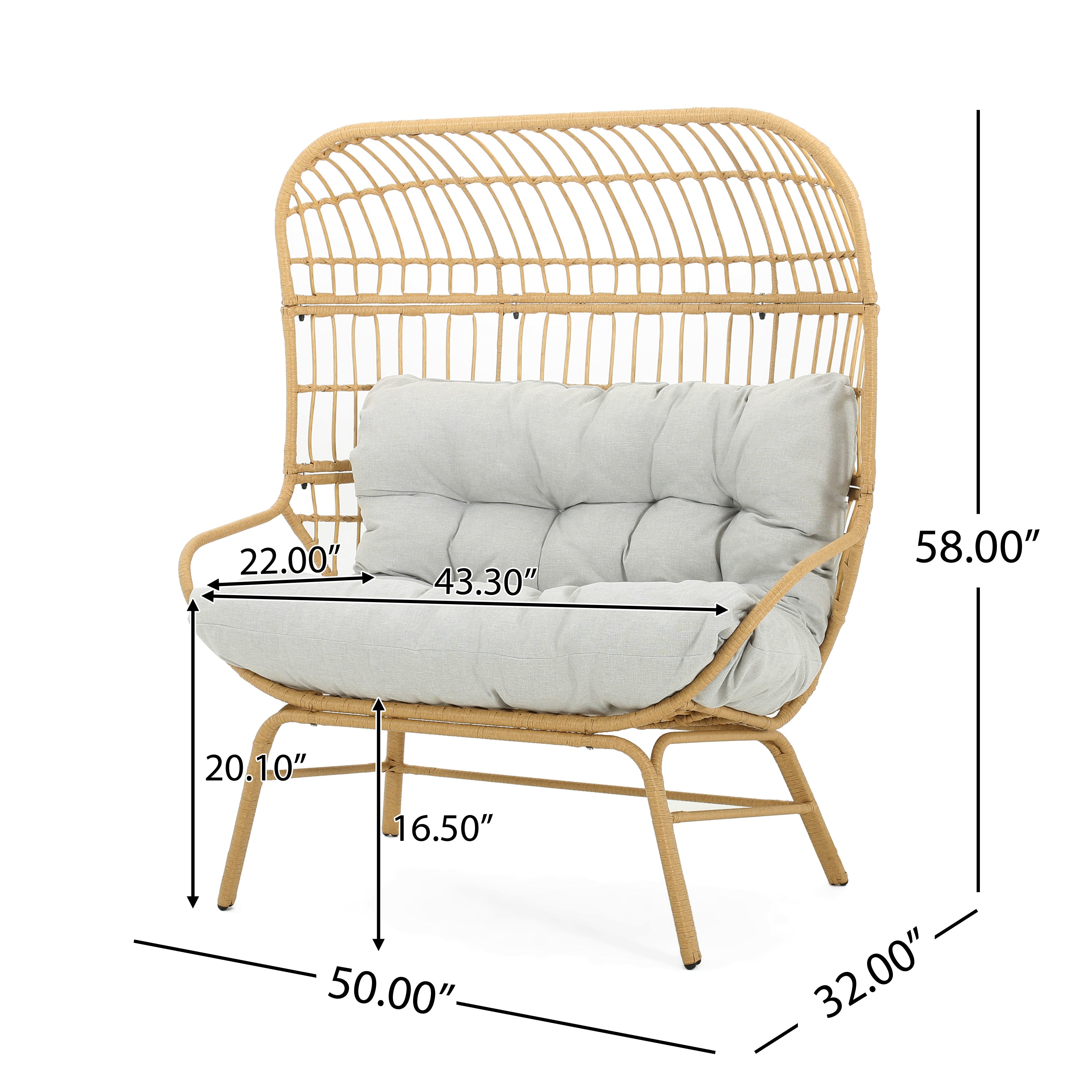 Outdoor Wicker Loveseat with Iron Frame and Seat Cushion