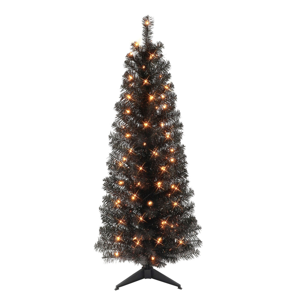 4.5 ft Pre-lit Black Tinsel Tree with Clear Lights & Stand