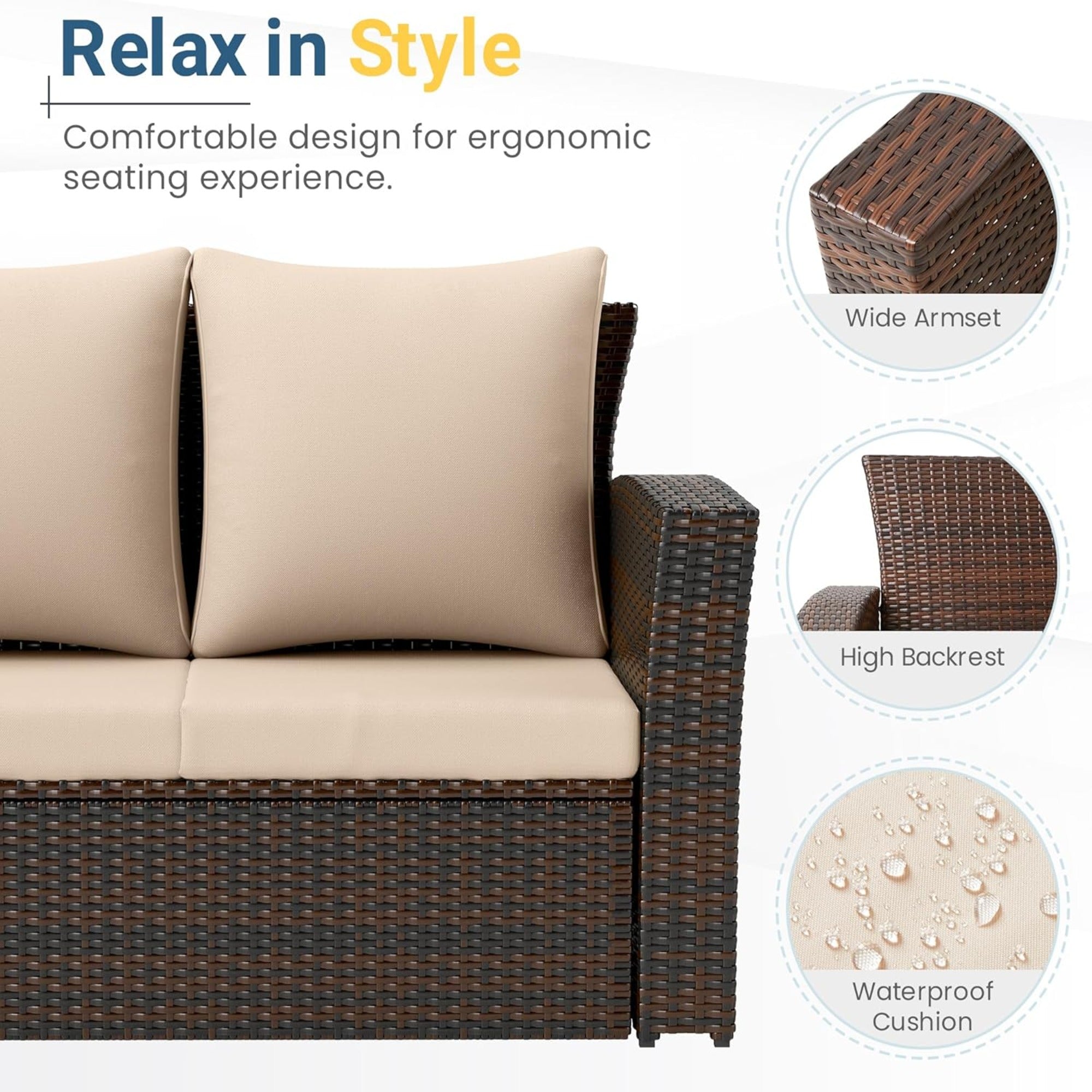 All-Weather Wicker 3-Seat Patio Sofa with Thick Gray Cushions & Black Iron Frame, 67.7'