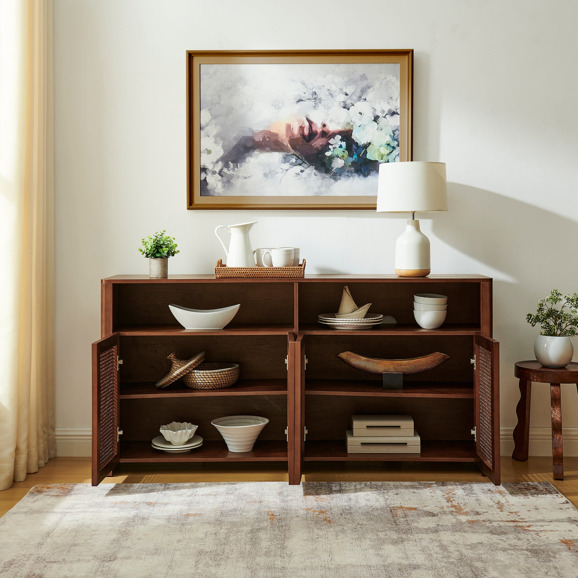 63" Mid-Century Modern Rattan Sideboard Buffet Storage Cabinet