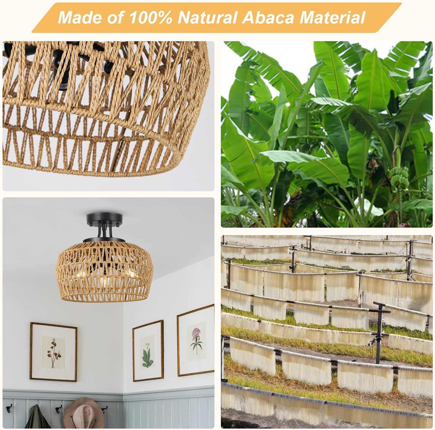 3-Light Semi Flush Mount Ceiling Light with Handmade Wicker Lampshade
