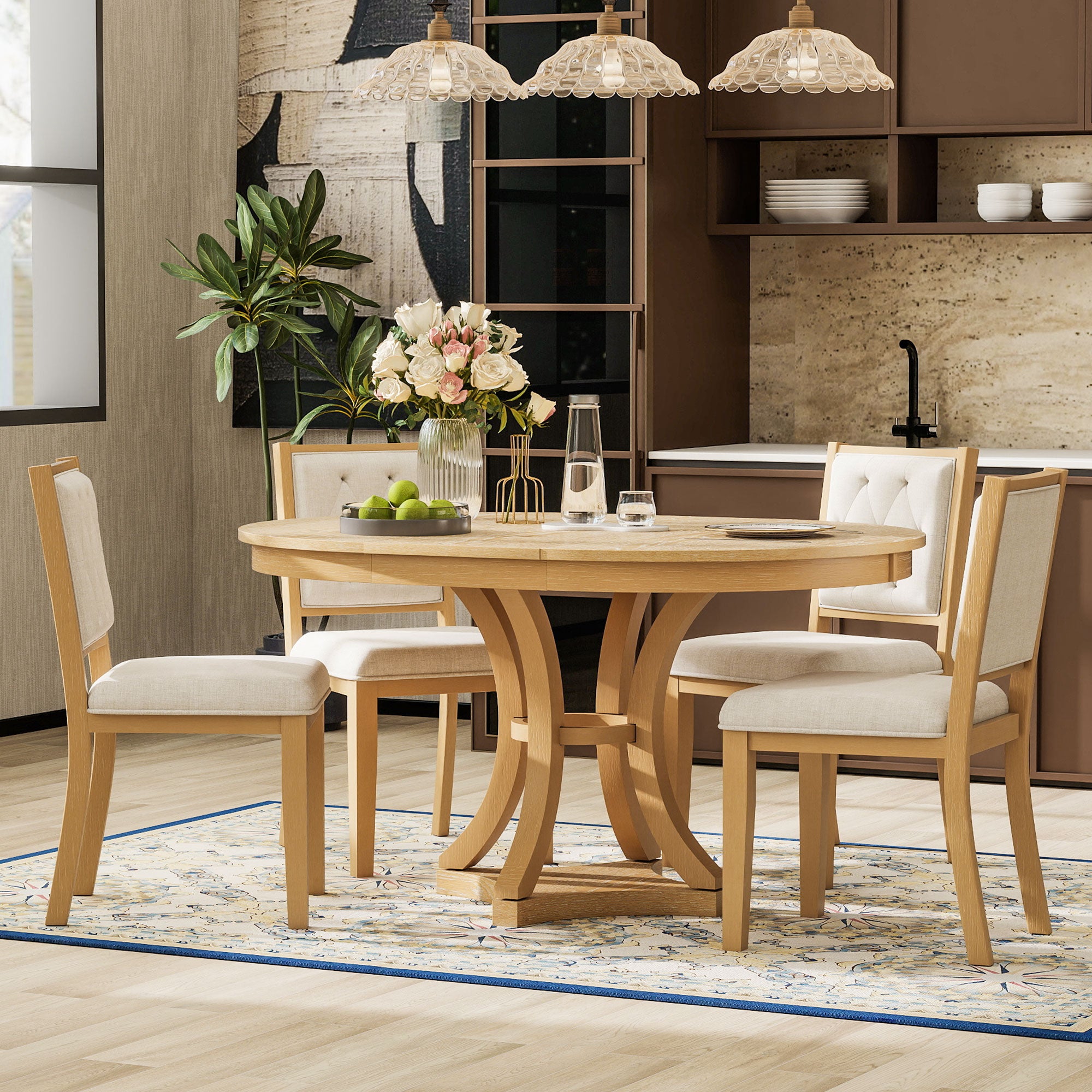 Retro Round Dining Table Set with Extendable Round Table and 4 Upholstered Chairs