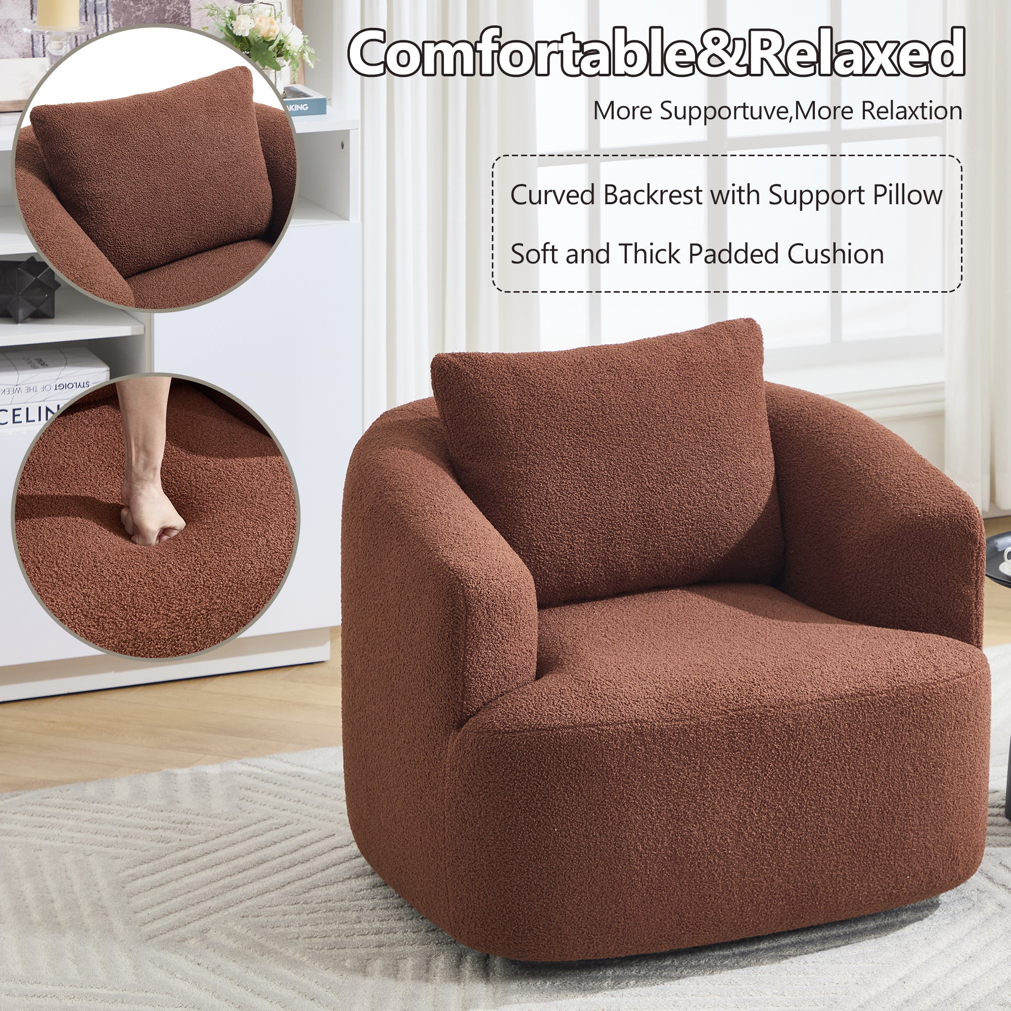 Teddy Fleece 360° Swivel Round Upholstered Comfy Accent Chair With Pillow
