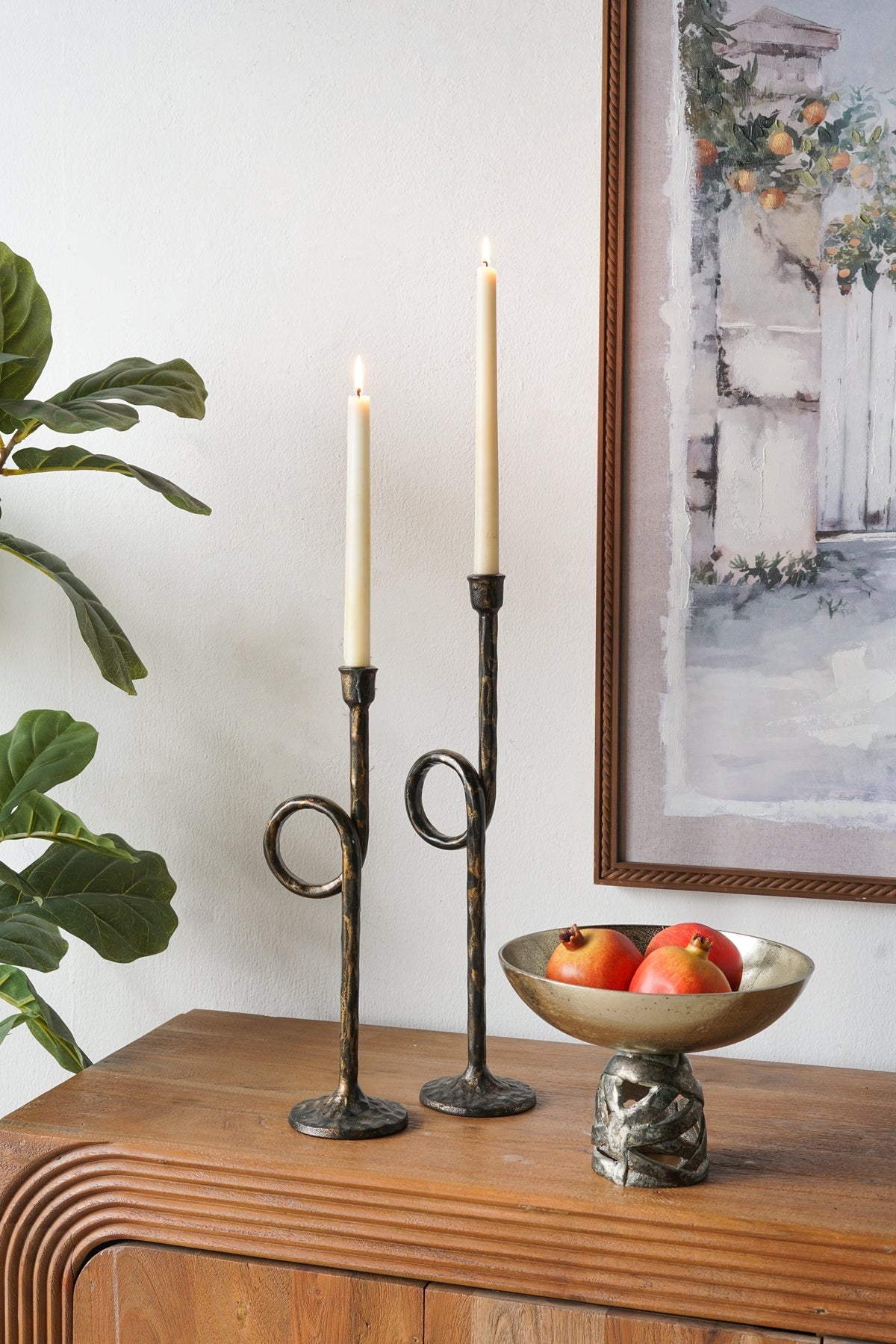 Black and Gold Iron Candle Holders with Playful Loop Design, Set of 2