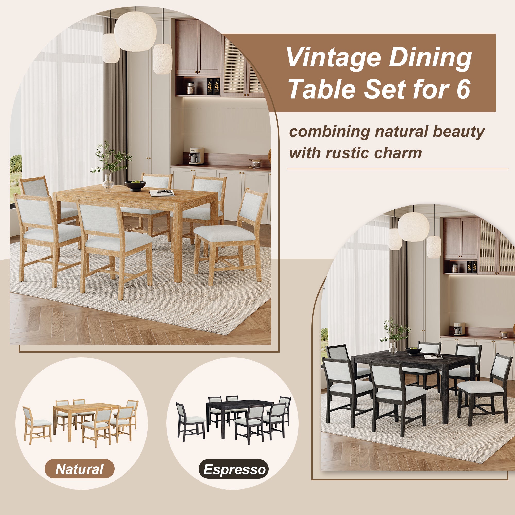 7-Piece Retro Dining Table Set with 6 Upholstered Chairs