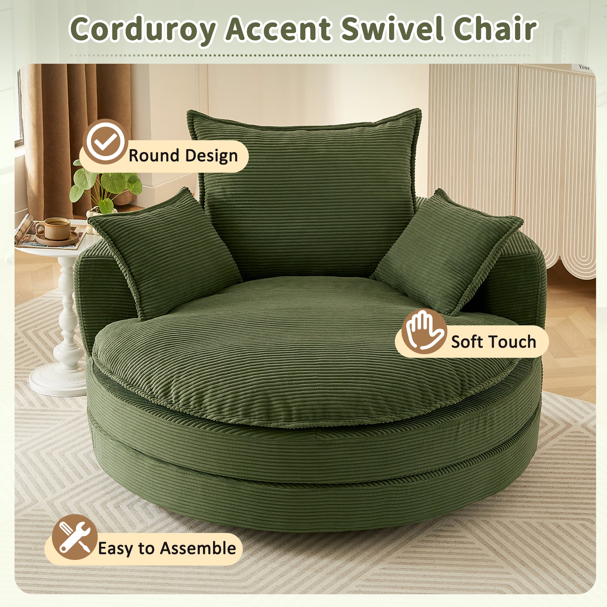 Corduroy 360° Swivel Accent Barrel Chair with 3 Removable Pillows