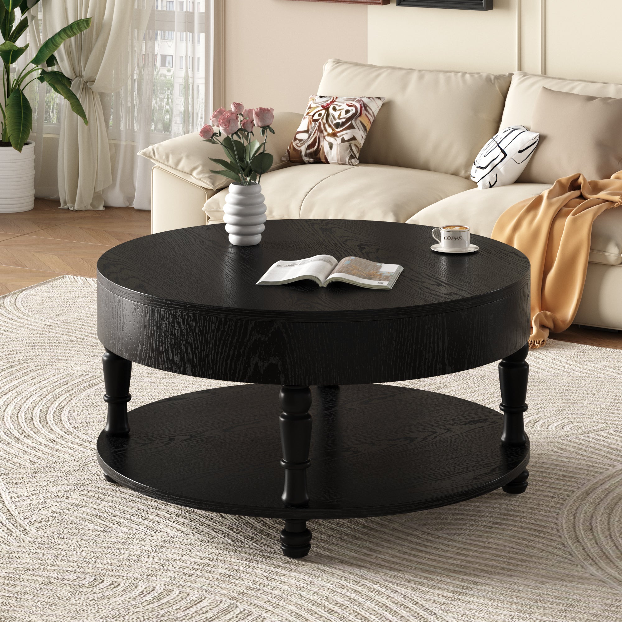 Traditional Round Coffee Table with Storage and Hidden Compartment