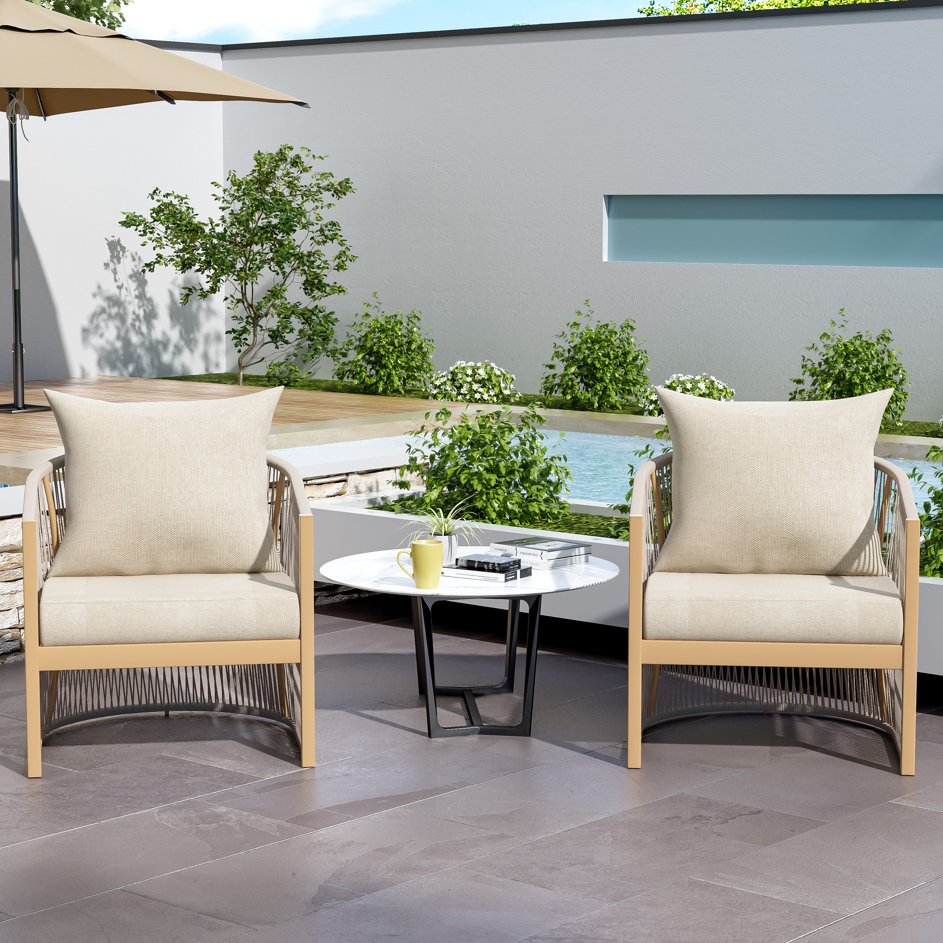Outdoor Lounge Chair with Rope-Weave Design and Curved Back, Set of 2