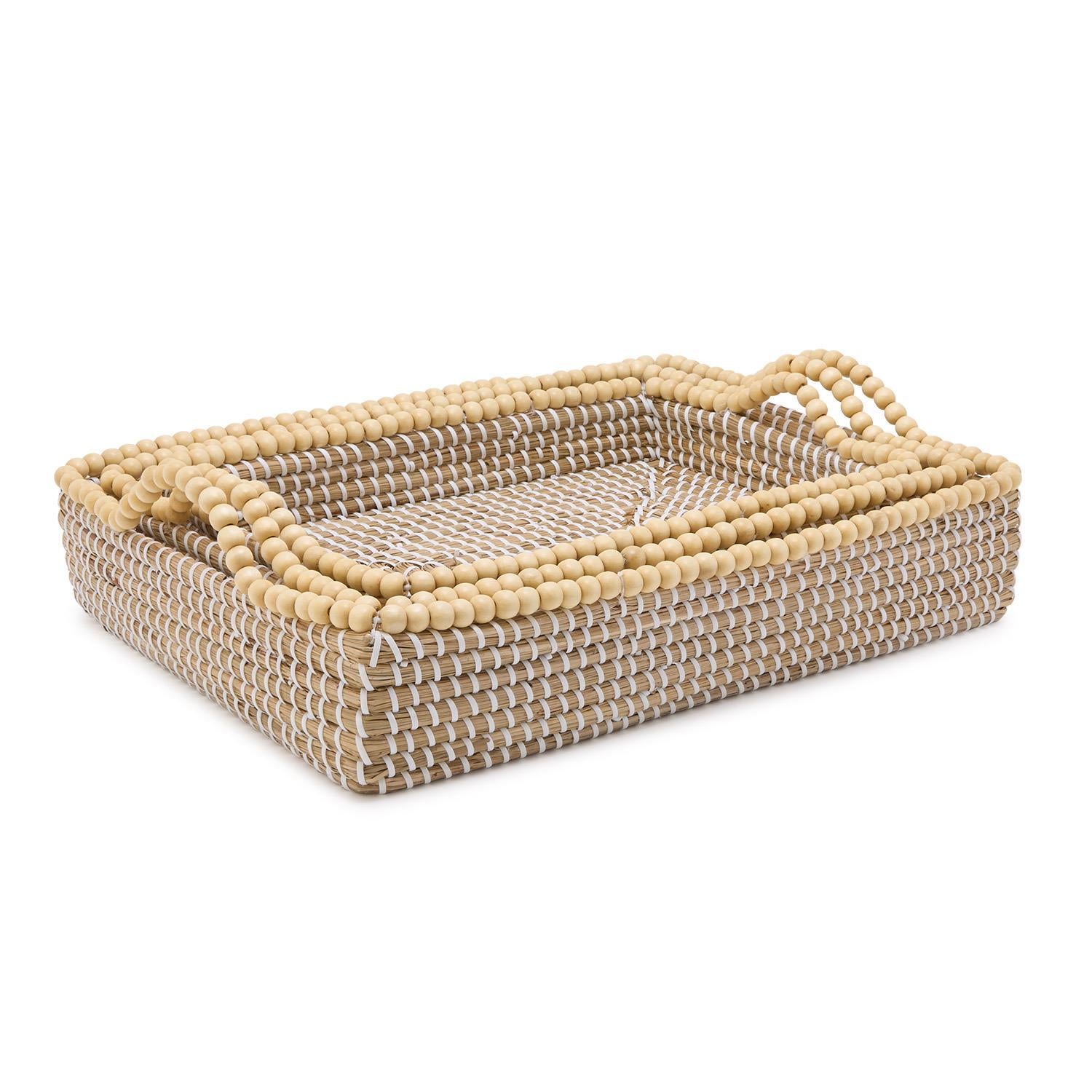 Natural Seagrass Rectangle Trays with Wooden Bead Accent, Set of 3
