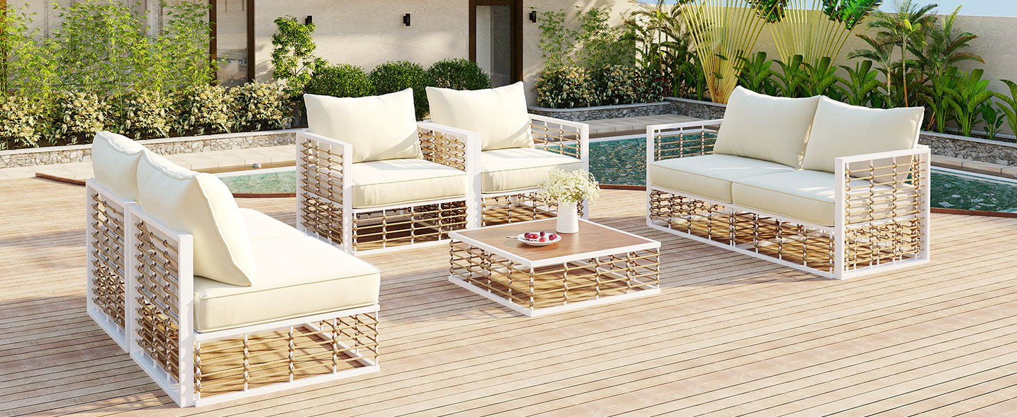 Modern Minimalist 7-Piece Metal All-Weather Conversational Furniture Set with Thick Cushions and Coffee Table