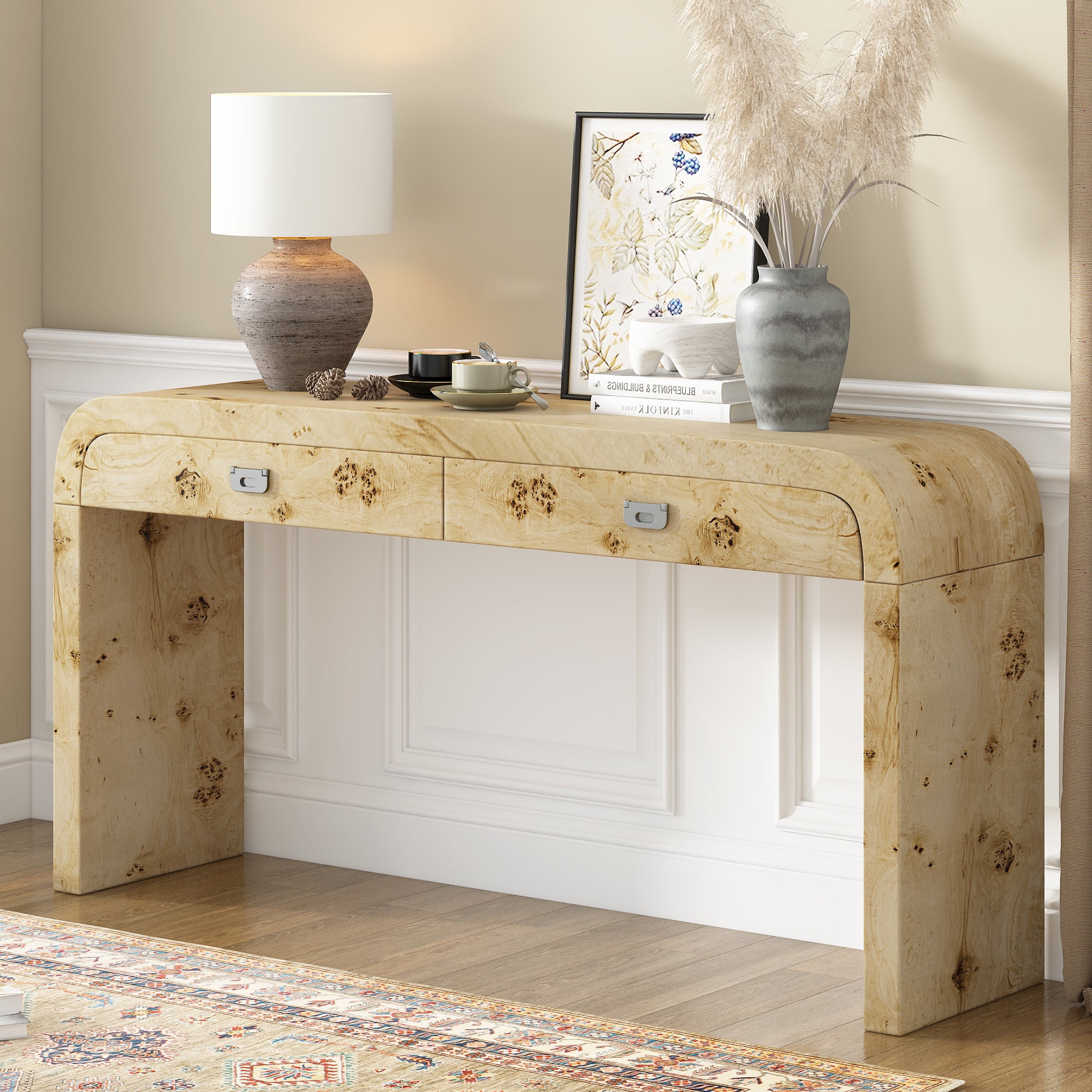 Wooden Entryway Table with Burl Veneer