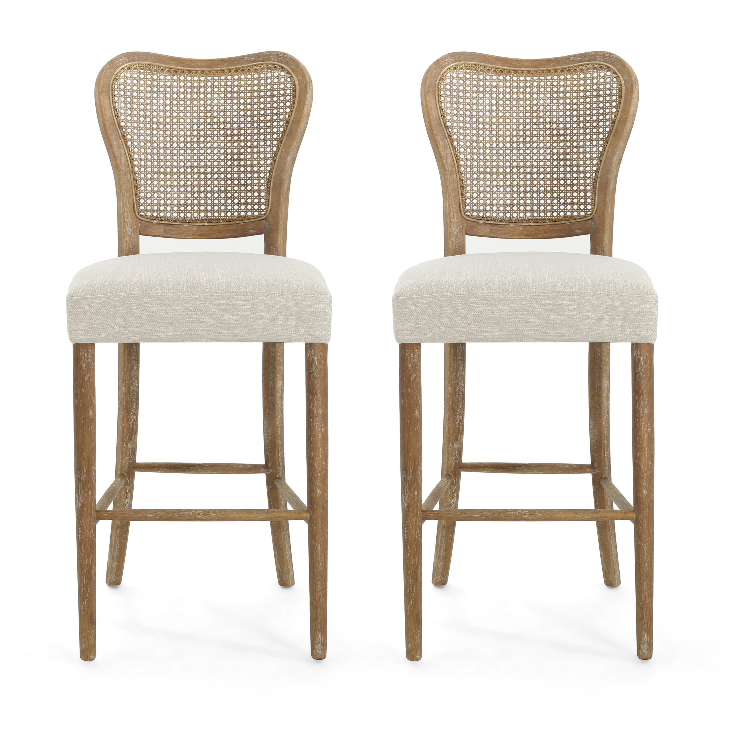 Cane-Back Upholstered Bar Stools, Set of 2