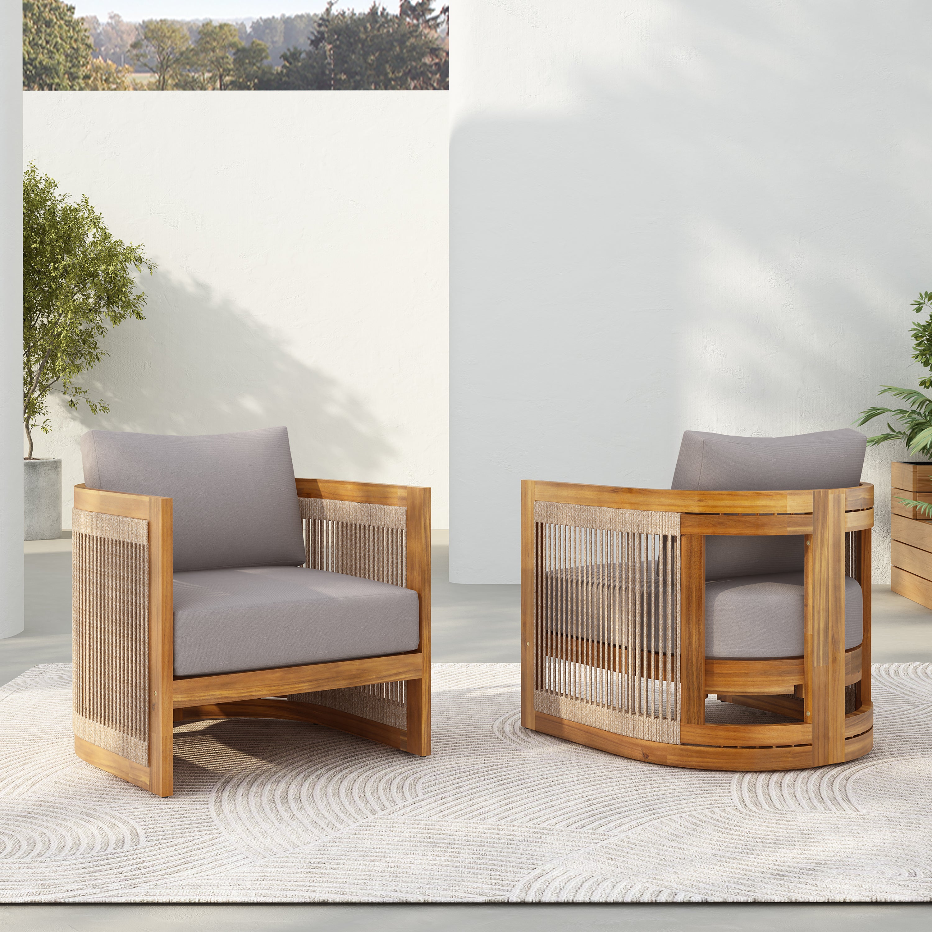 Sundara Acacia Wood Outdoor Club Chair with Handwoven Rope Accents