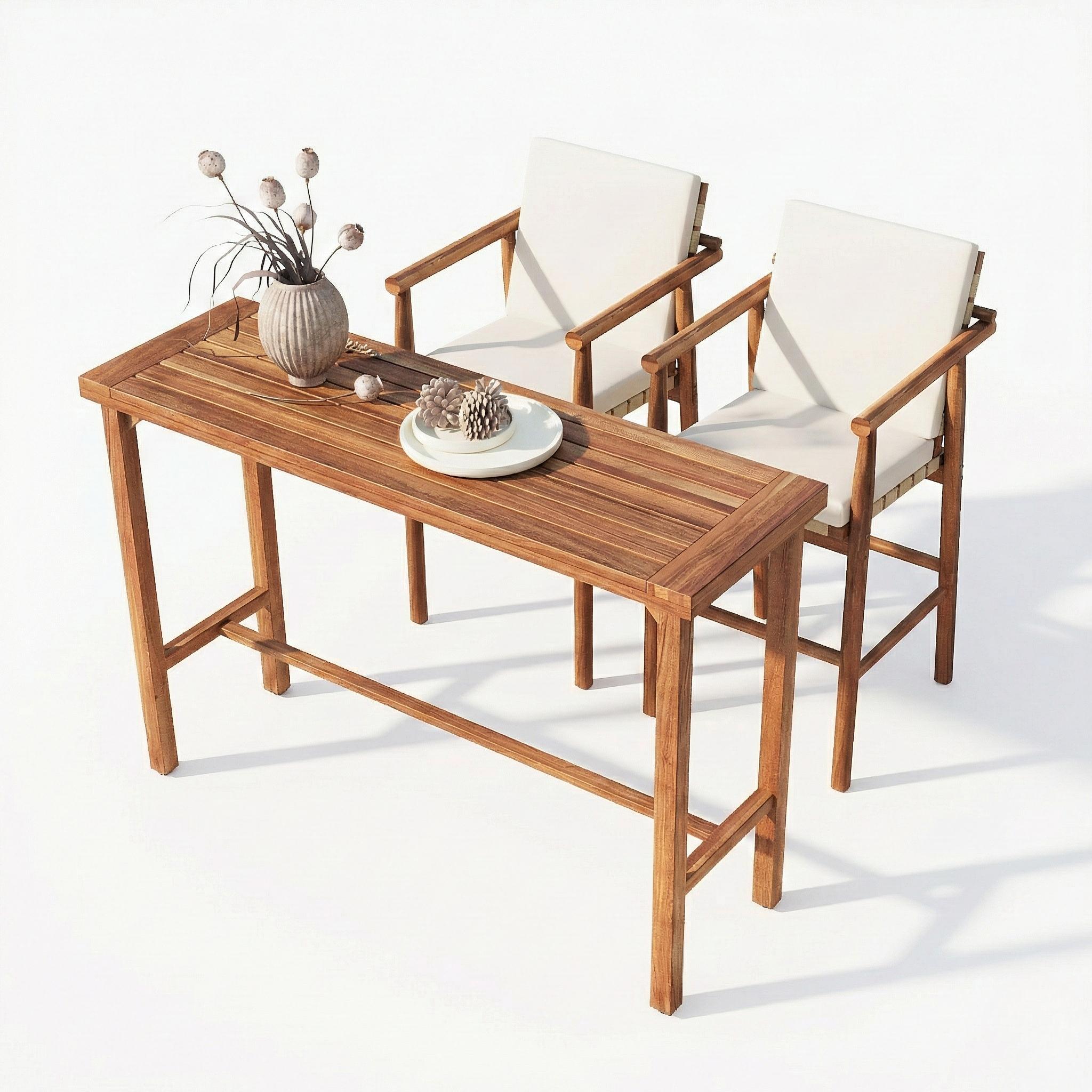 3 Piece Outdoor Bar Set with Acacia Wood Bar Height Table & 2 Stools with Cushions