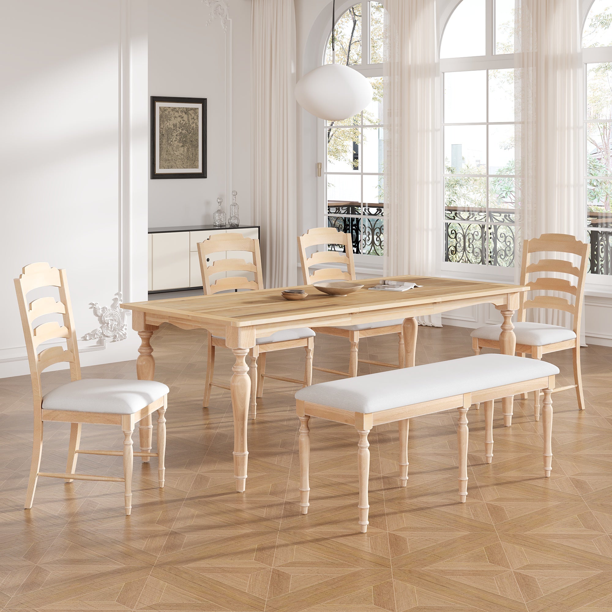 Foreverx 6-Piece Dining Set with Removable Leaf Table, Upholstered Dining Bench and 4 Chairs, Natural