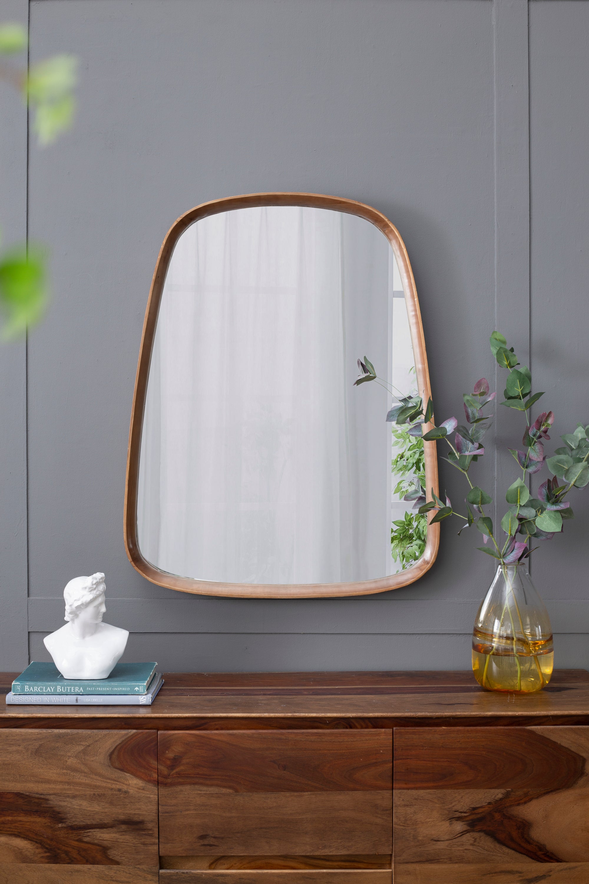 Organic Shape Mirror with Wood Frame