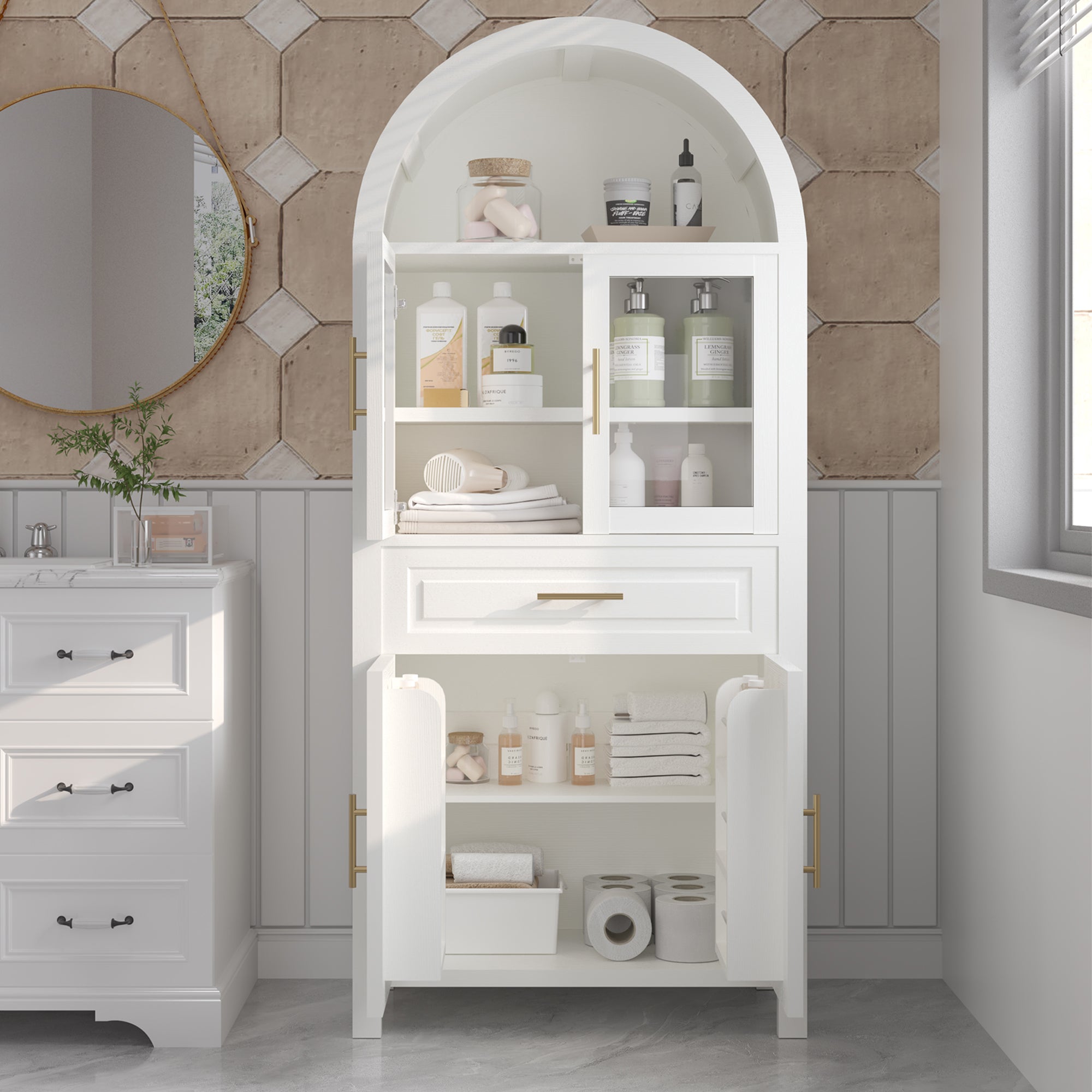 Farmhouse Arched Strage Cabinet with Glass Doors