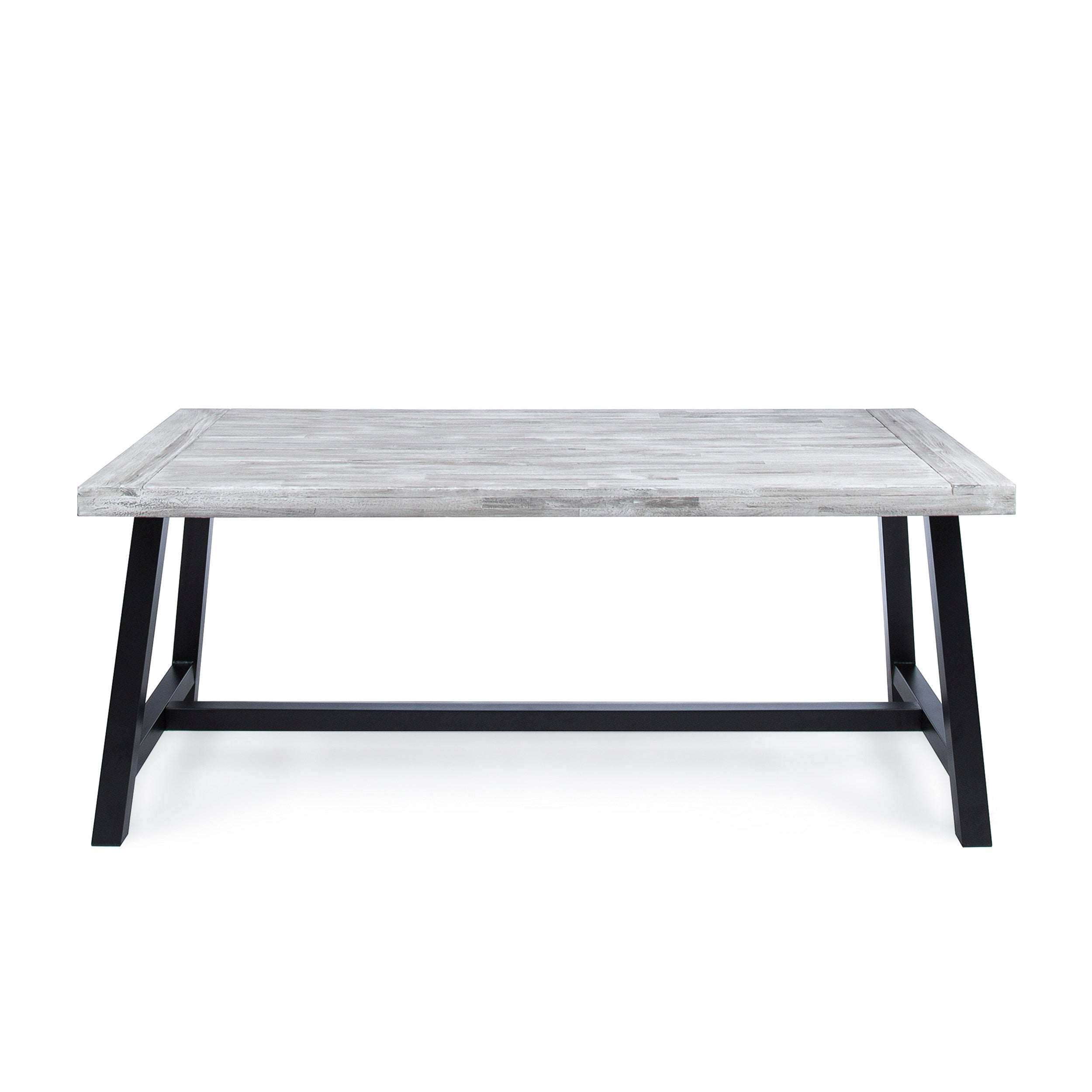 Outdoor Dark Brown Sandblast Finish Acacia Wood Dining Table with White Rustic Metal Frame, Weather Resistant