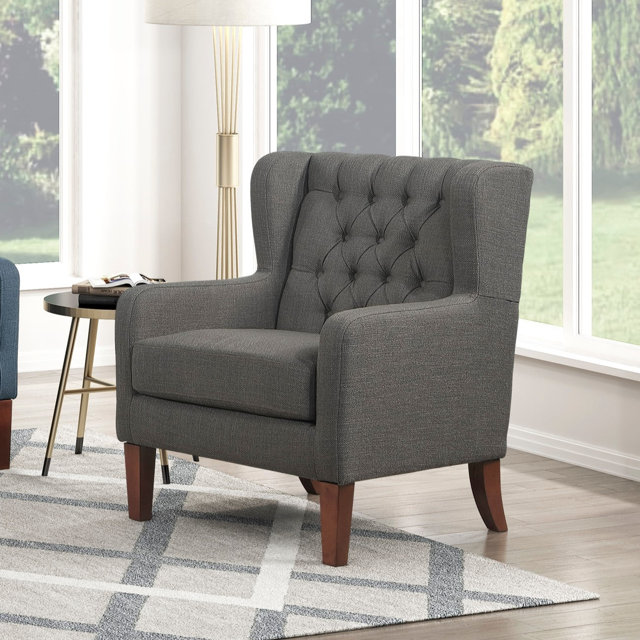 Button-Tufted Wingback Accent Chair with Solid Wood Legs