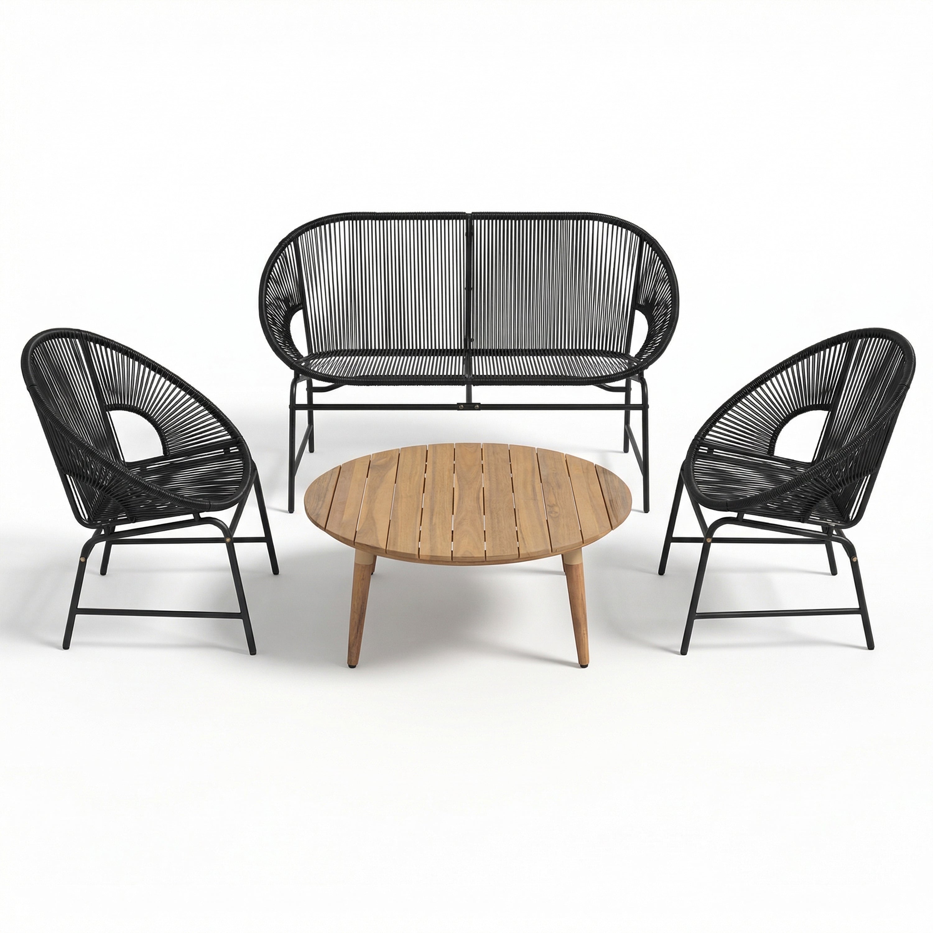 NUSA OUTDOOR PATIO 4-PCS CHAT SET, TEAL PE RATTAN & IRON FRAM FURNITURE, ACACIA WOOD TABLE