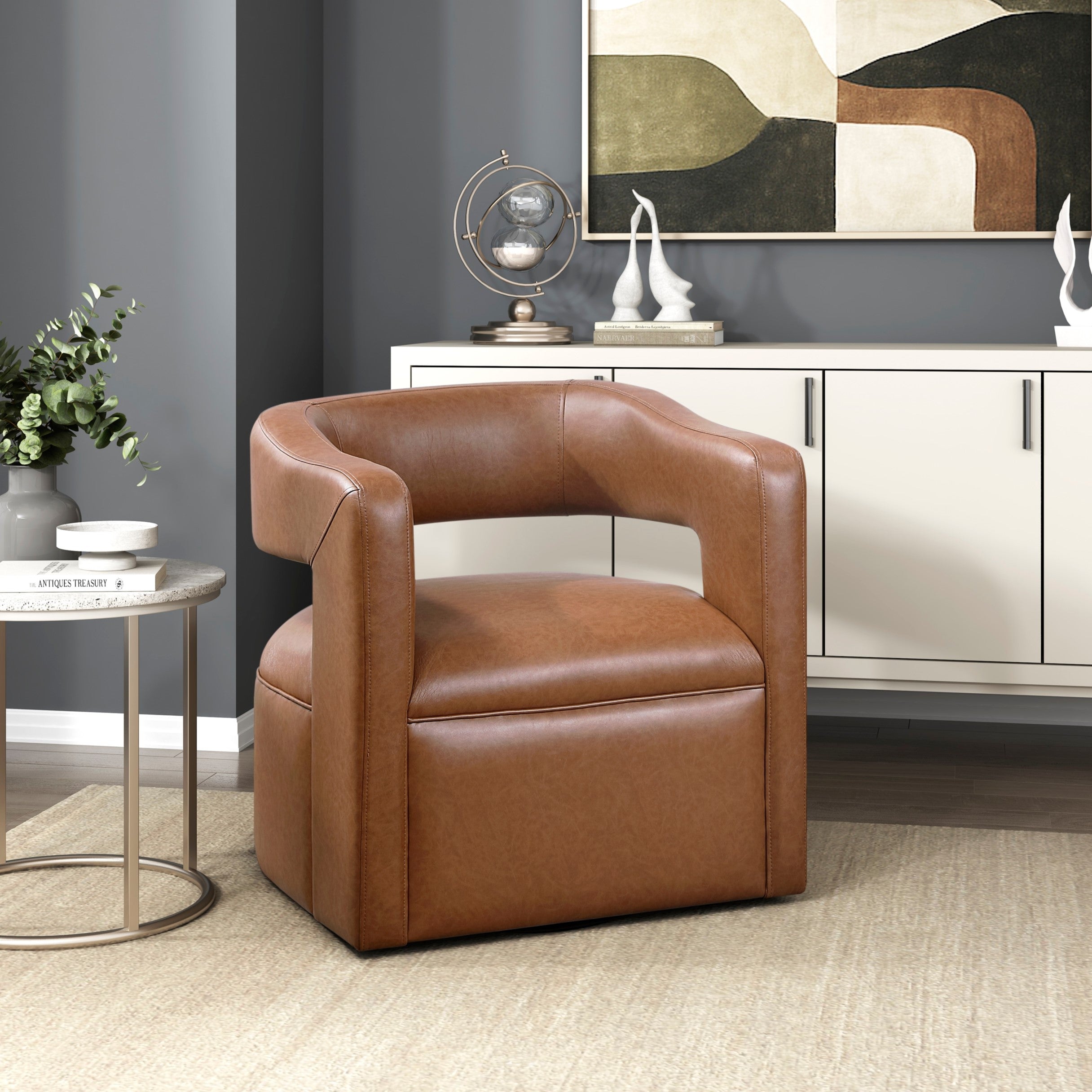 Modern Vegan Leather Open Back Swivel Barrel Accent Chair