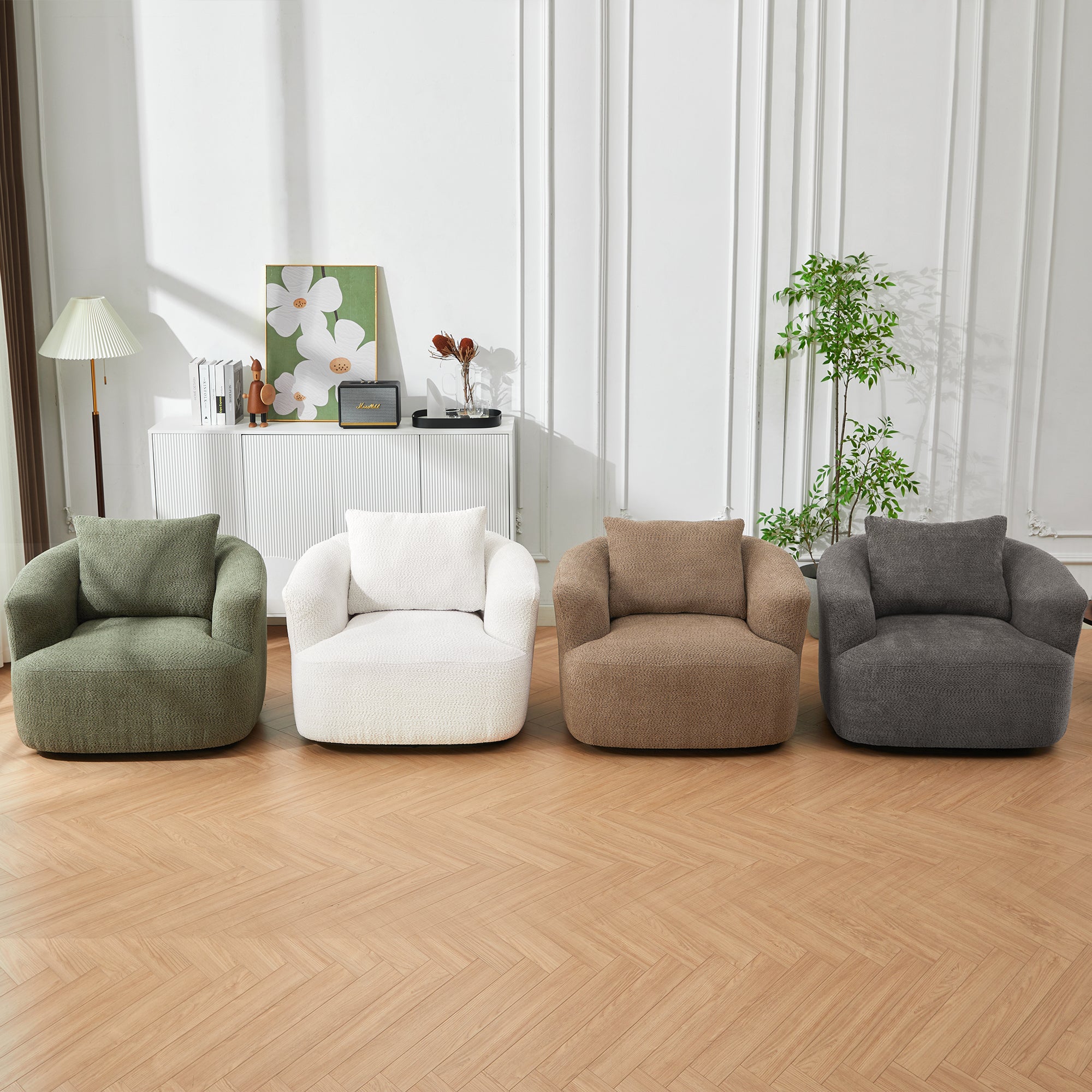 360° Swivel Barrel Chenille Upholstered Accent Chair with Throw Pillow