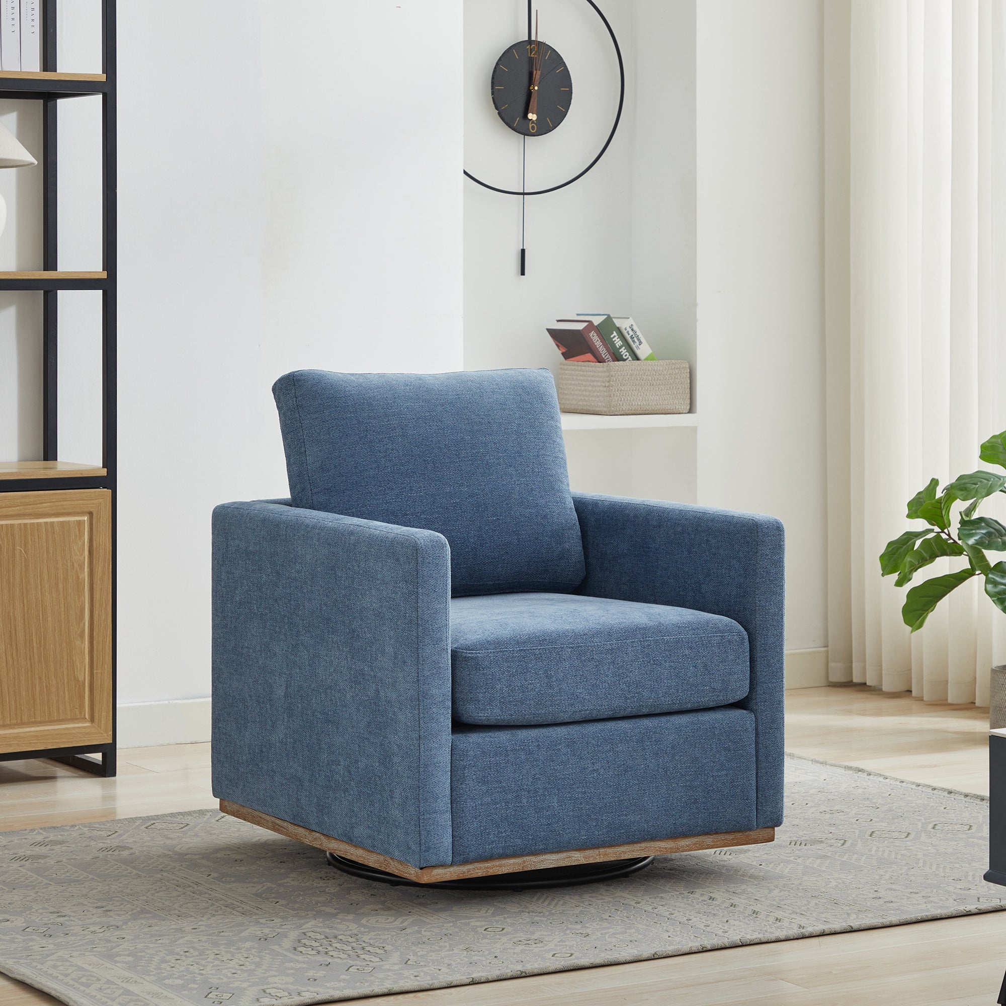 Upholstered Swivel Chair with Square Arms and Metal Base