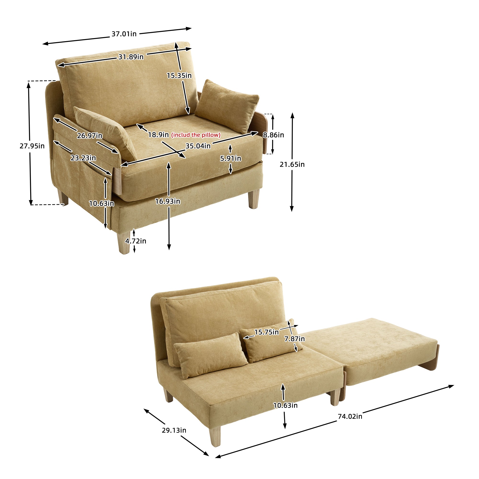 Mid-Century Modern Chenille Foldable Sofa Bed Recliner