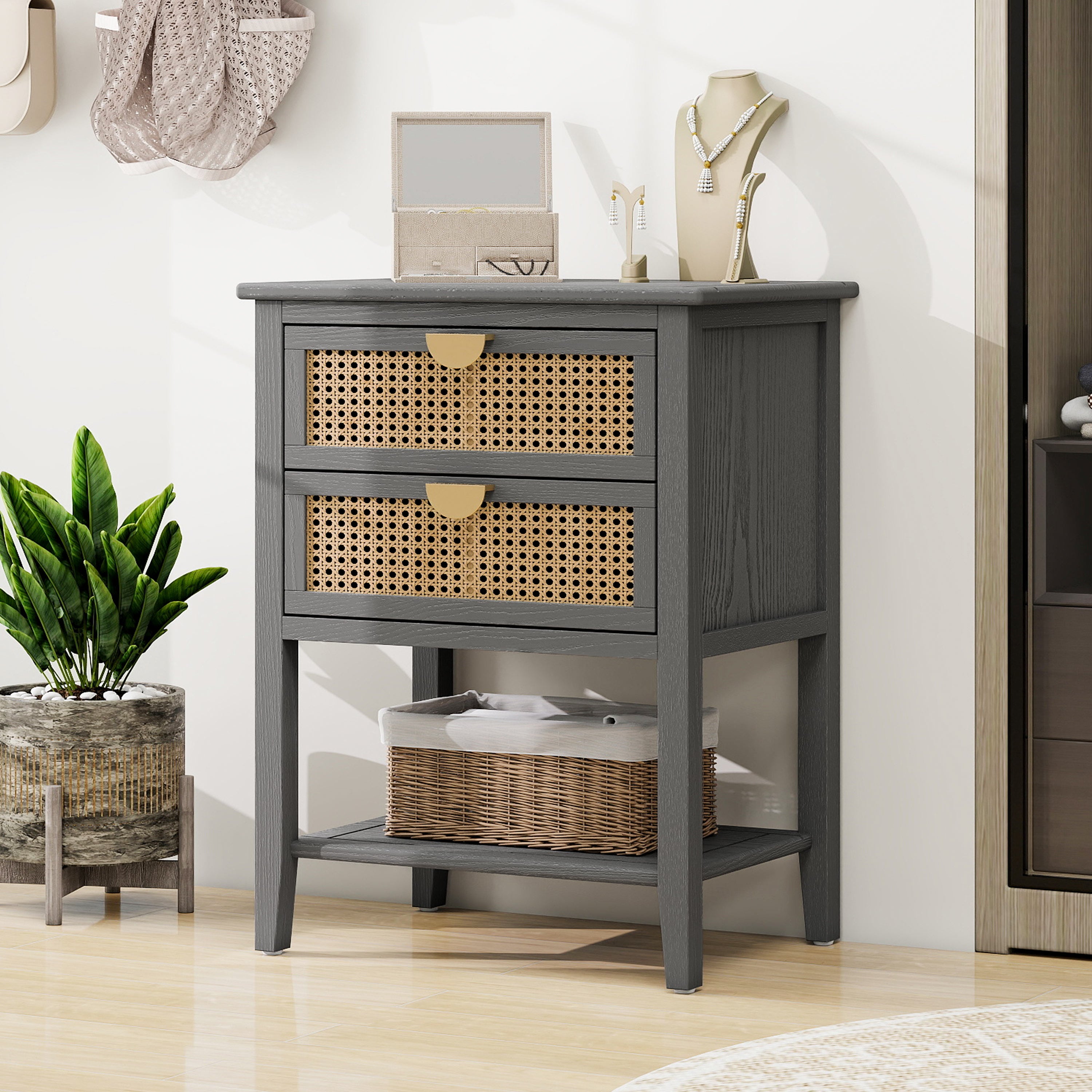 2-Drawer Side Table with Natural Rattan Drawers