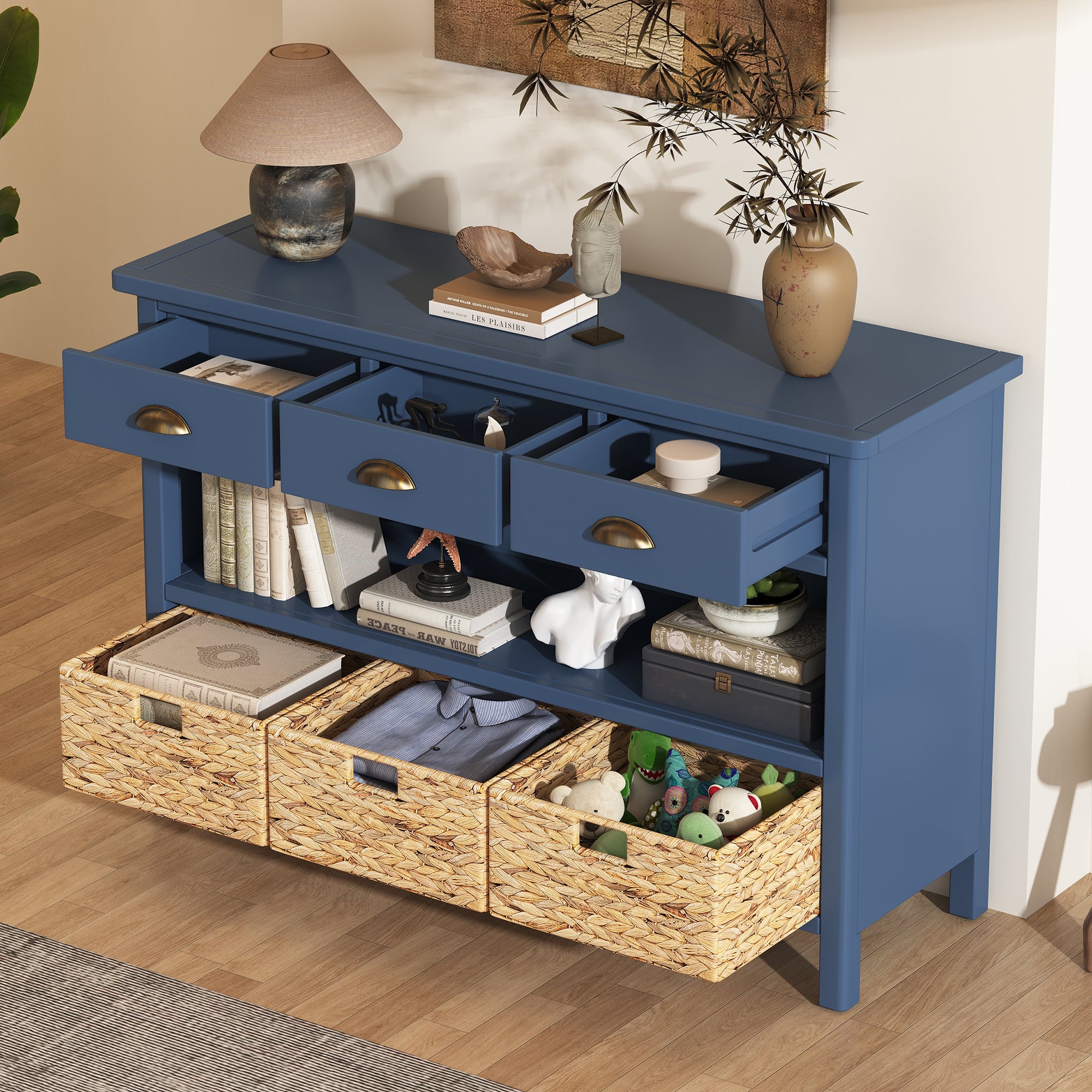 Console Table with Drawers and Water Hyacinth Woven Baskets