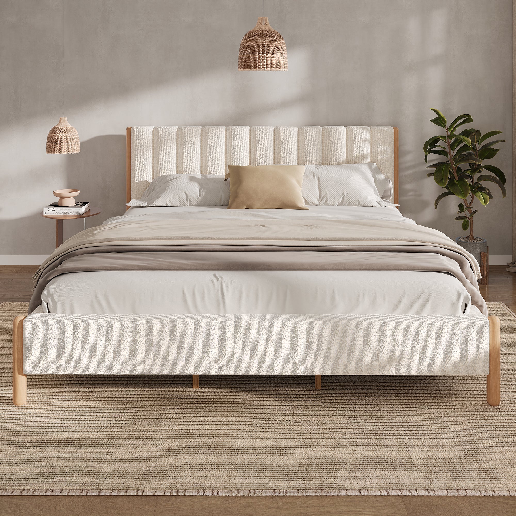 Boucle Upholstered Headboard Bed