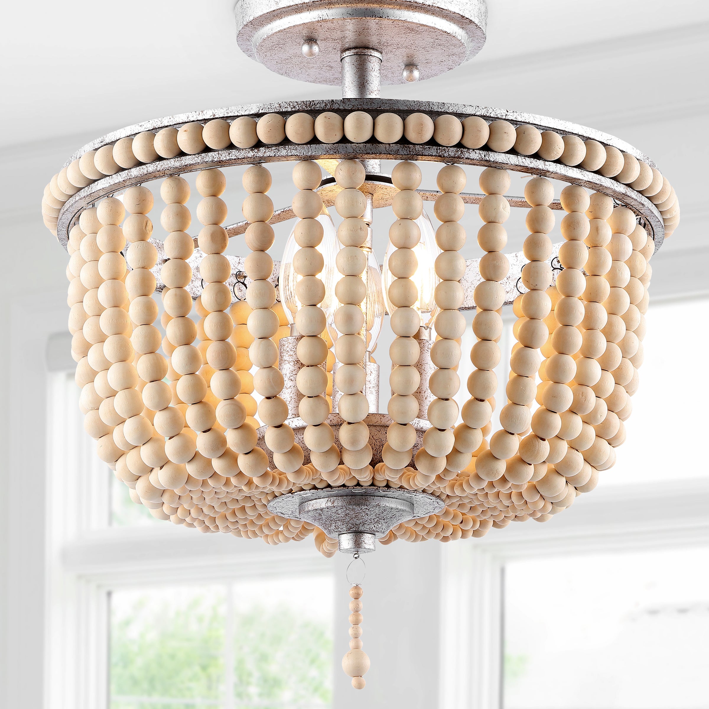 Allie 3-Light Bohemian Farmhouse Wood Bead/Iron LED Semi Flush Mount