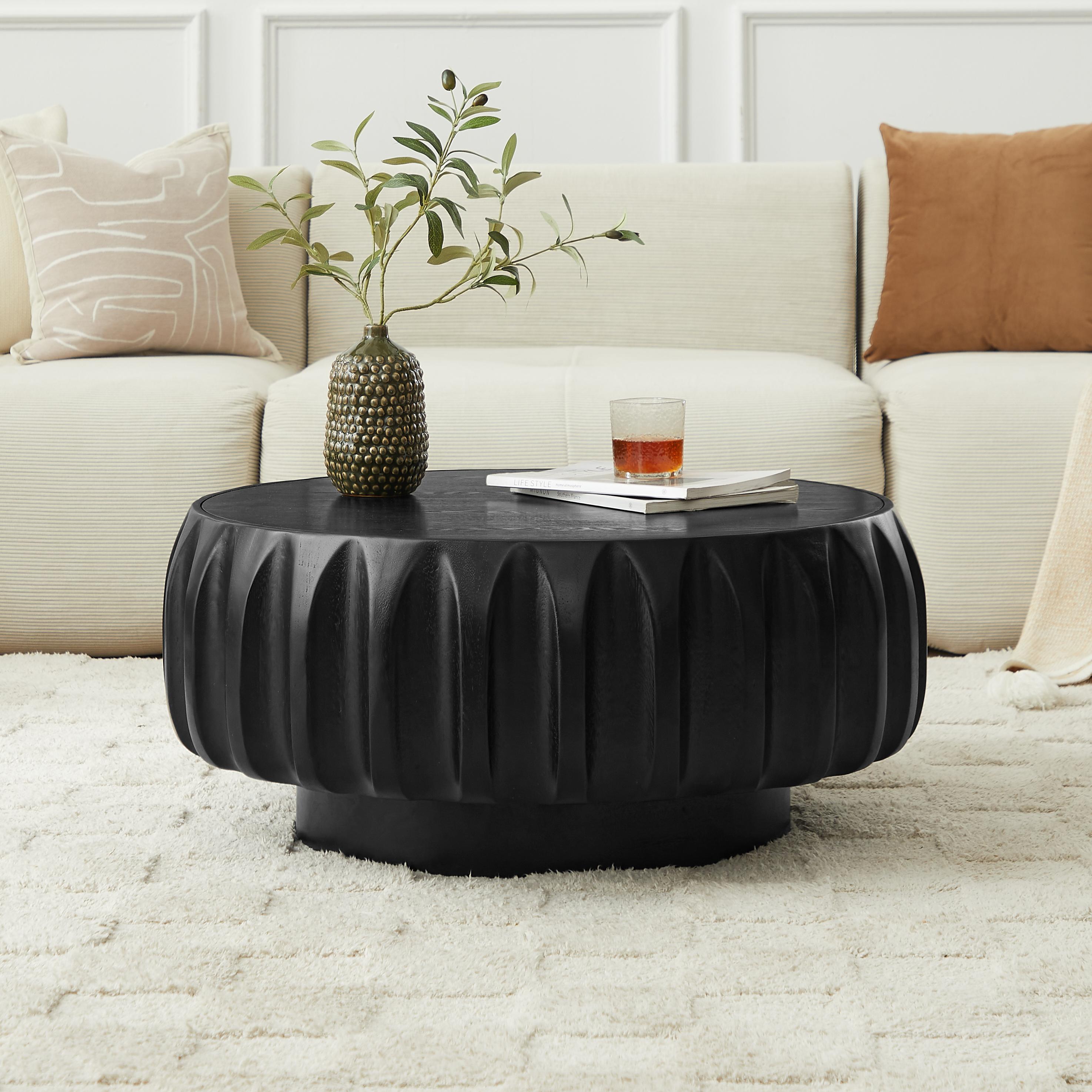 Round Solid Wood Carved Coffee Table with Elegant Sculptural Design