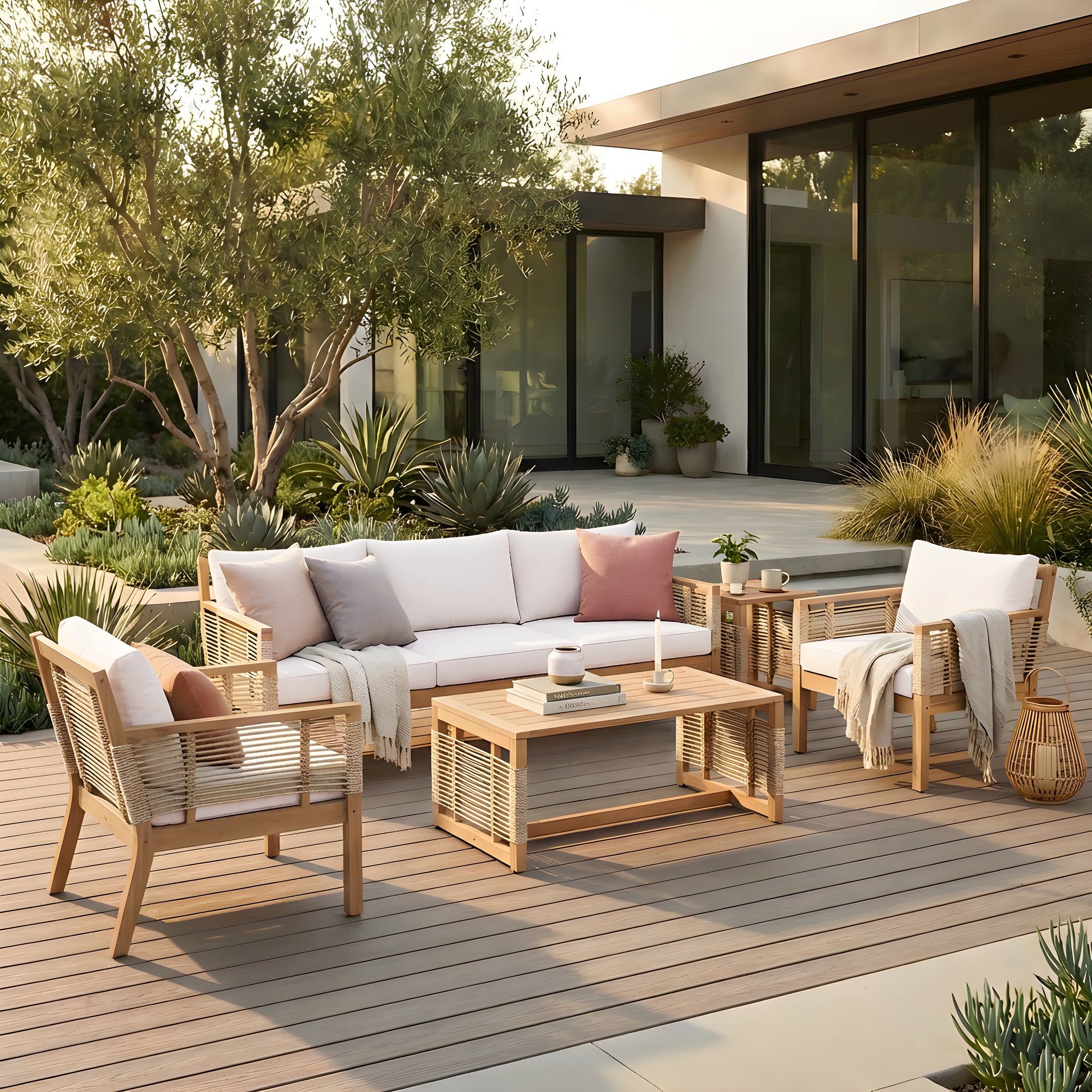 Kirana 5-Piece Outdoor Acacia Wood Hand Woven Rope Conversation Set with 3 Seater Sofa, 2 Chairs and 2 Coffee Tables