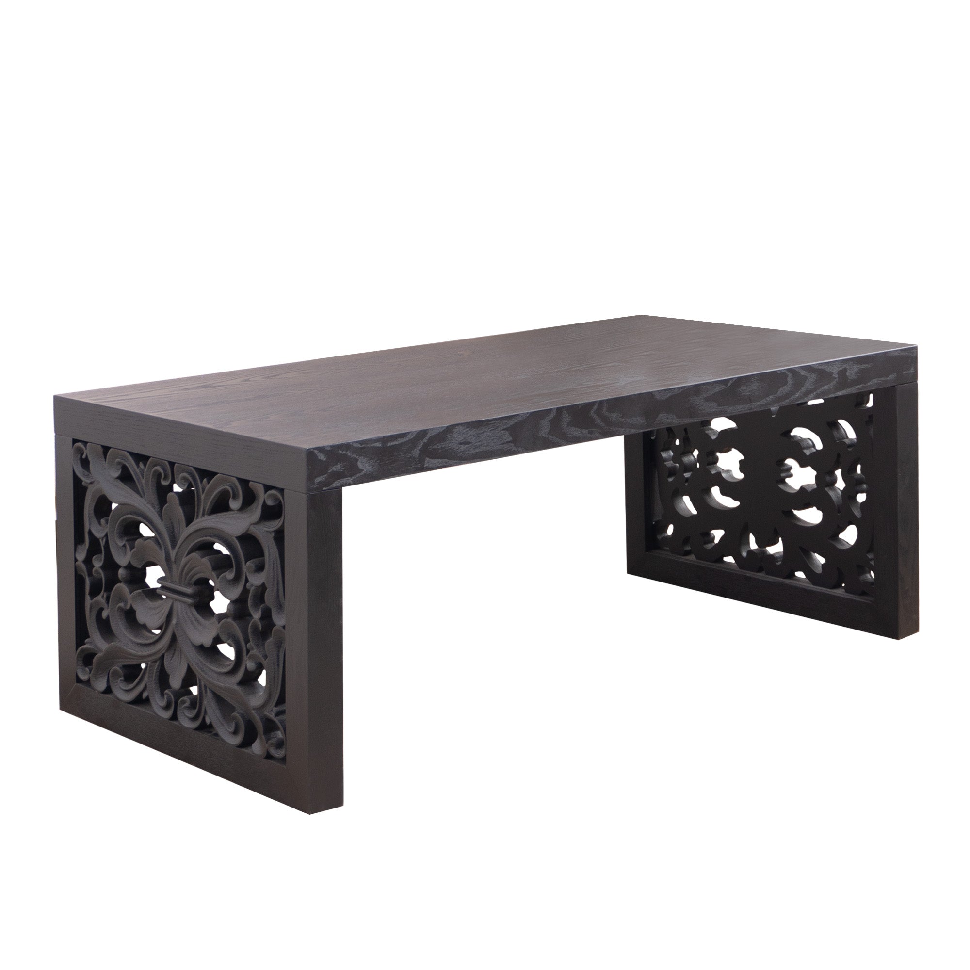 Handcrafted Rustic Wood Coffee Table with Ornate Side Panels