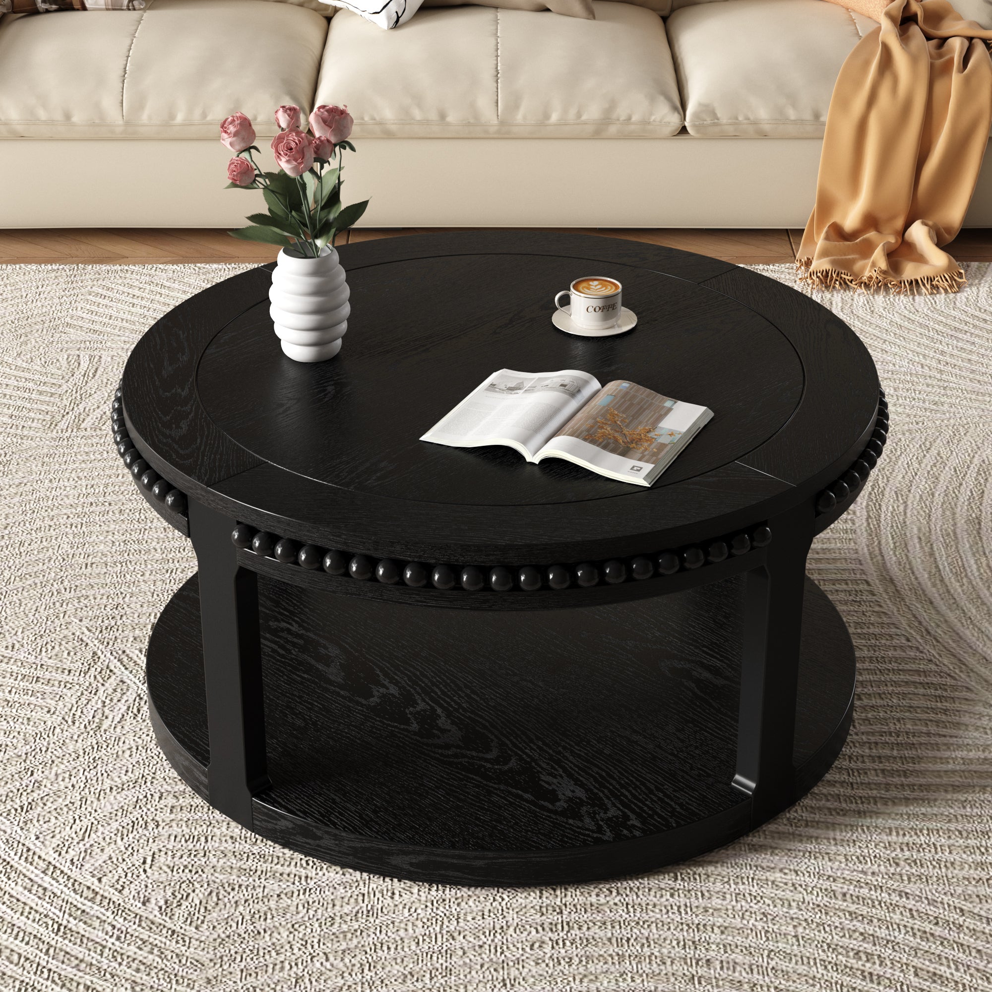 Round Solid Wood Coffee Table with Beaded Accent Edge
