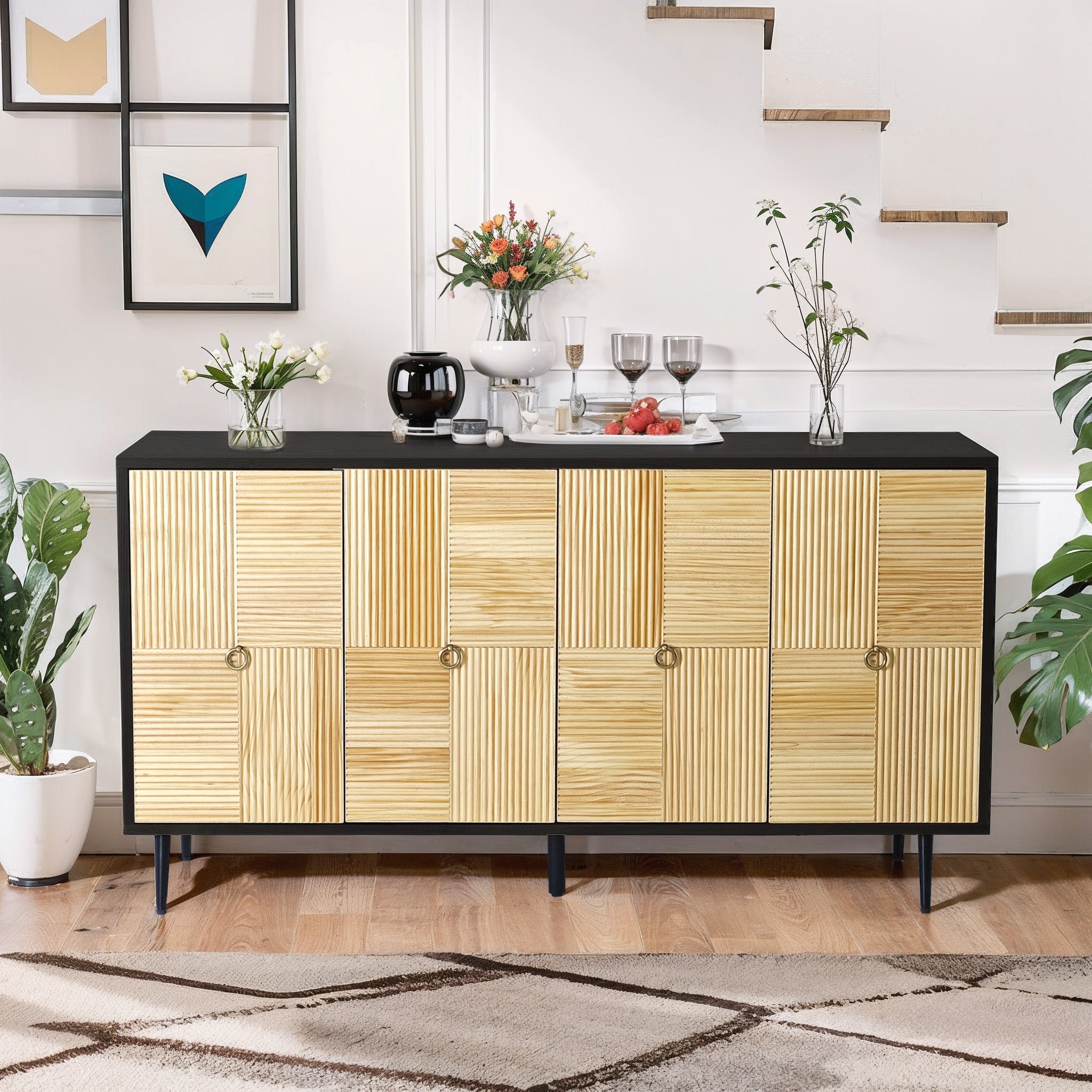 4 - Door Cabinet with Carved Effect Decoration Doors and Metal Legs - Cabinets