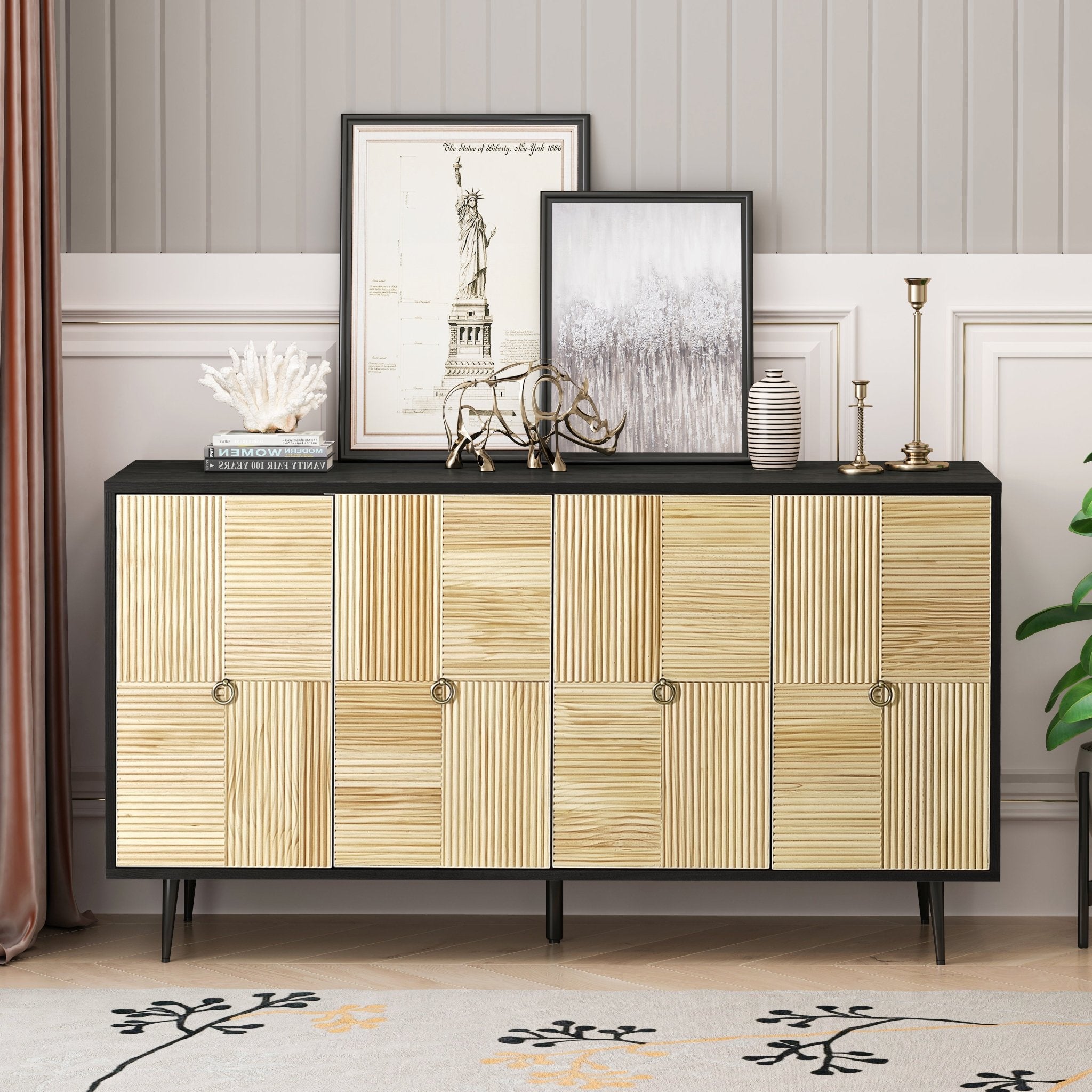 4 - Door Cabinet with Carved Effect Decoration Doors and Metal Legs - Cabinets