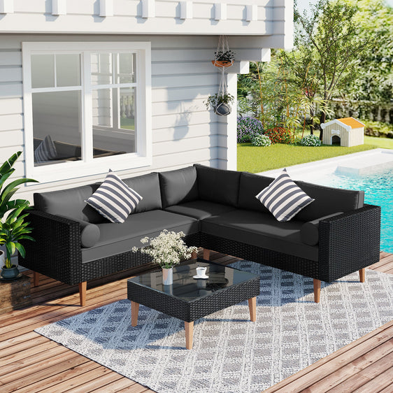 4-Pieces L-shape Outdoor Wicker Sofa Set with Colorful Pillows - Outdoor Seating