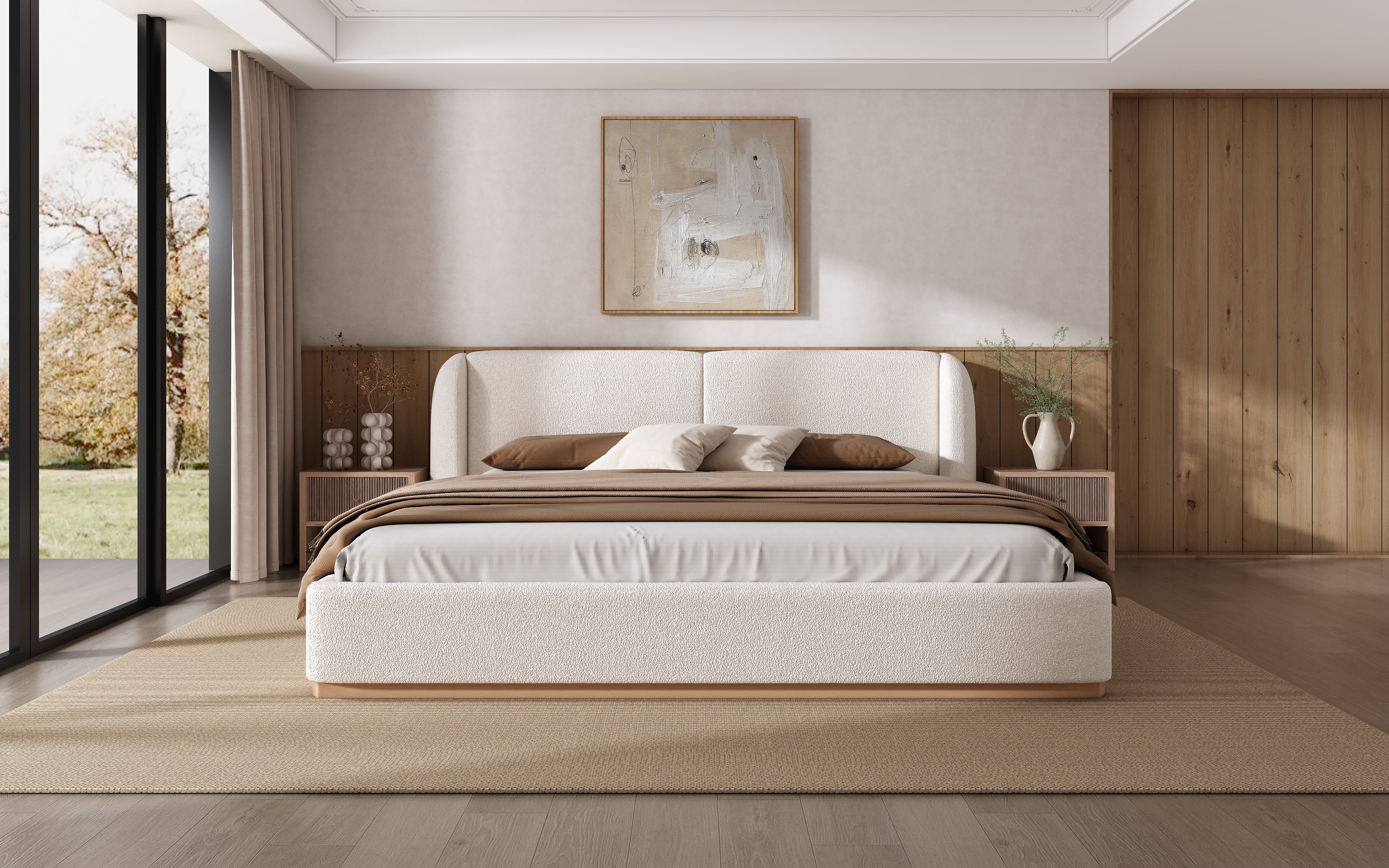 Bed Frame with Boucle Upholstered Wingback Headboard
