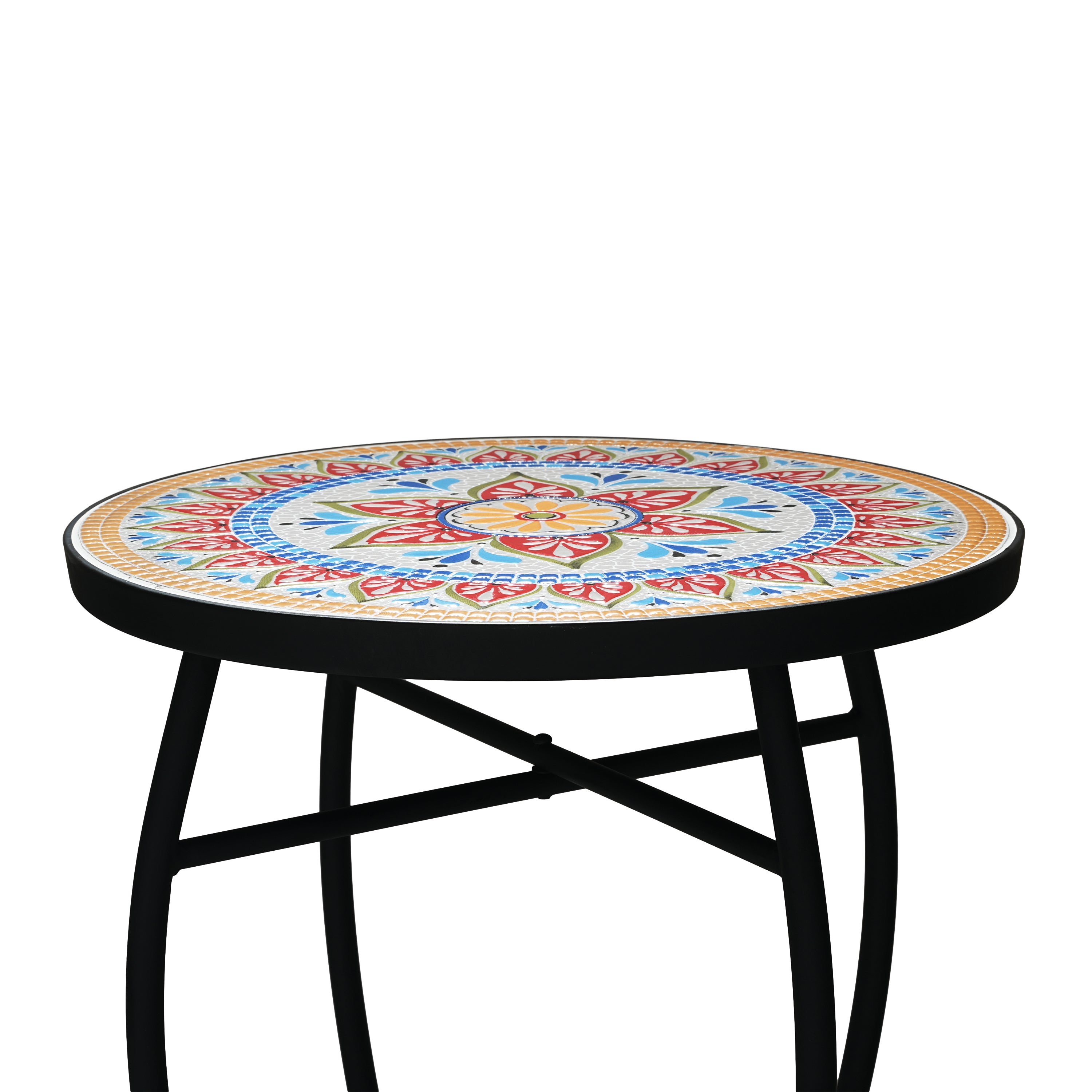 Outdoor Round Side Table with Mosaic-Style Top and Curved Iron Legs - Multi-color
