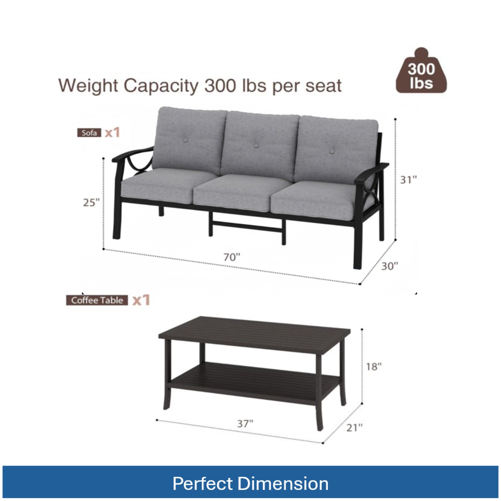 Marisol 2 Piece Outdoor Patio Set, 70" All-Weather Metal 3-Seat Sofa and Coffee Table