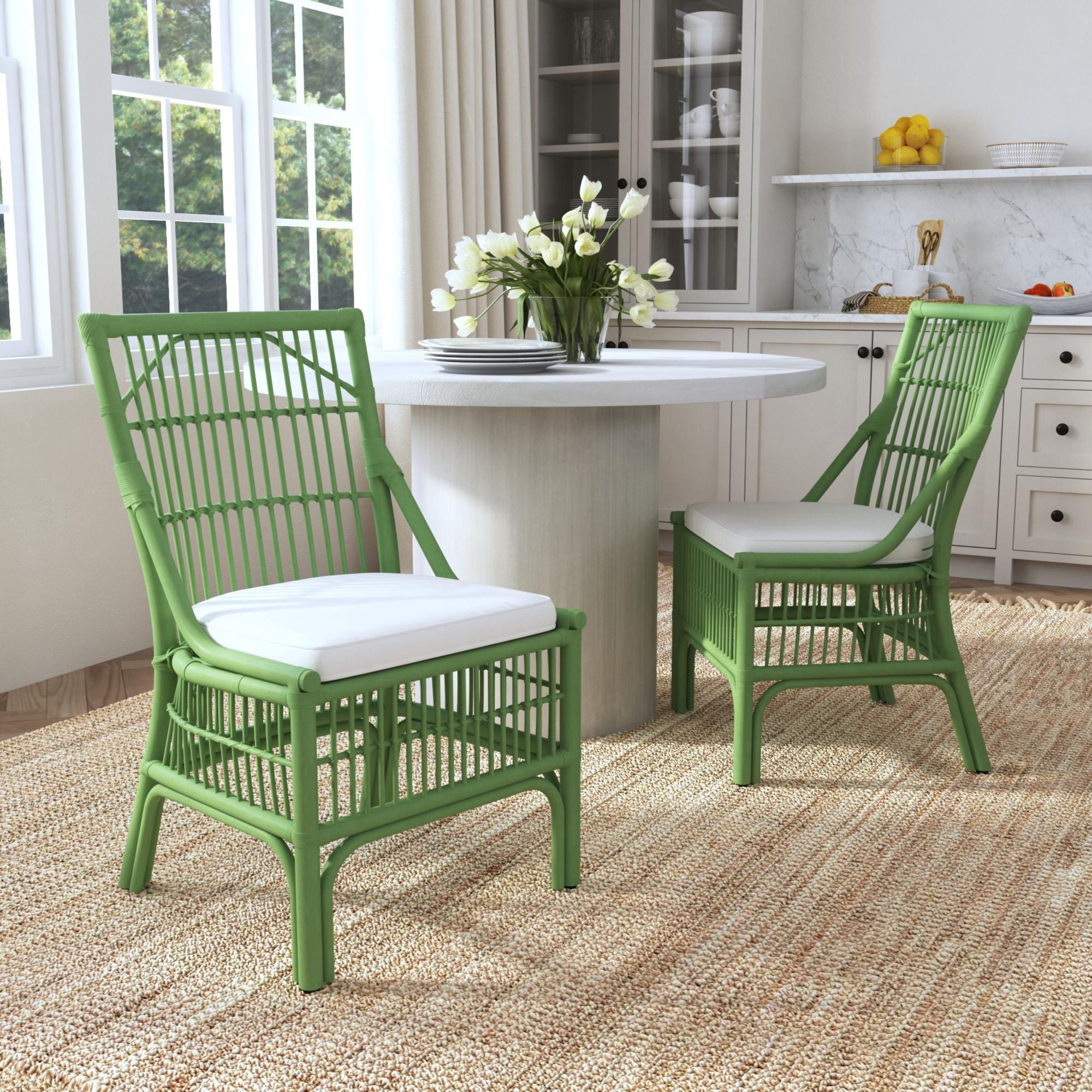 Rattan Slat Back Green Dining Chair, Set of 2