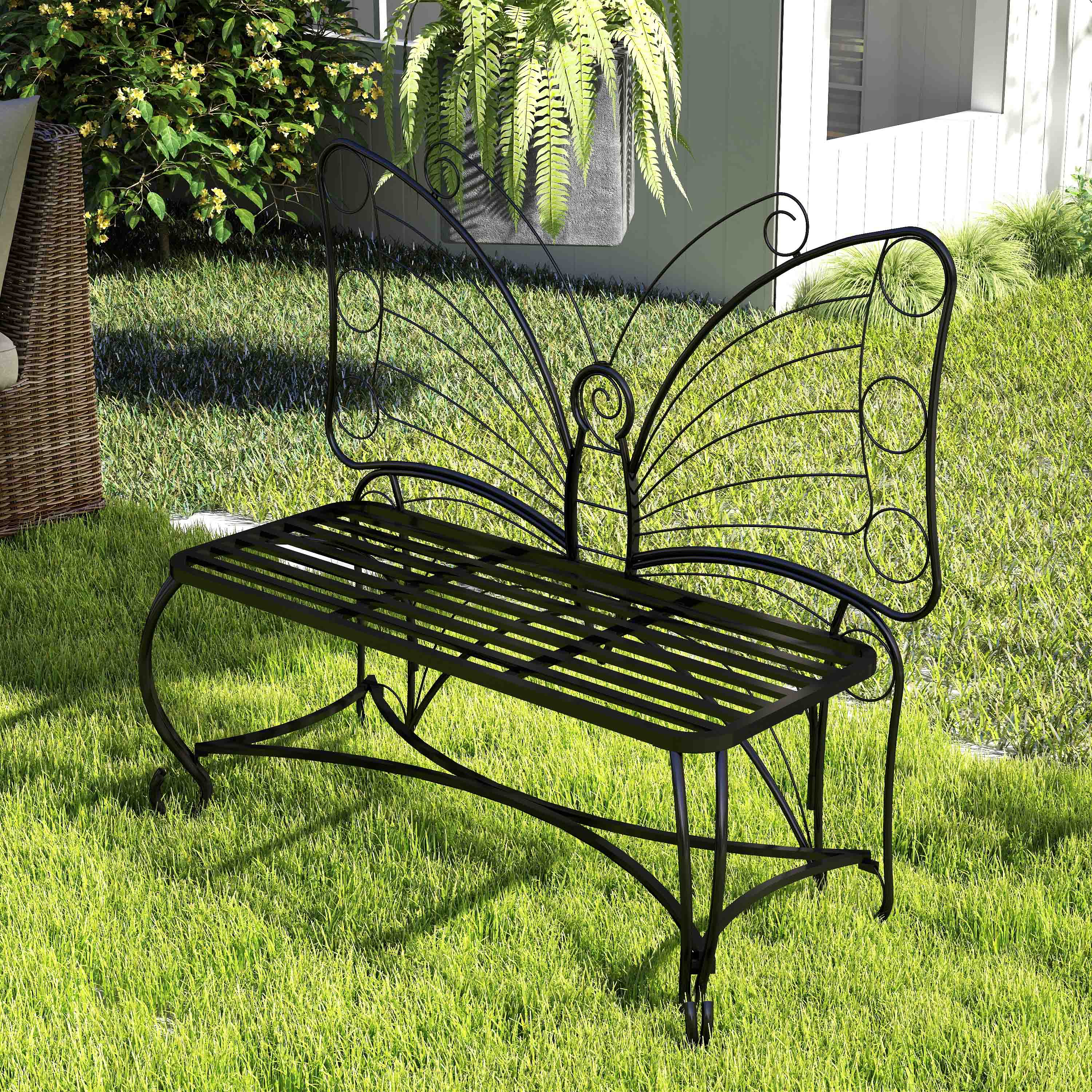 Monazite Outdoor Bench with Butterfly Back Design and Metal Frame