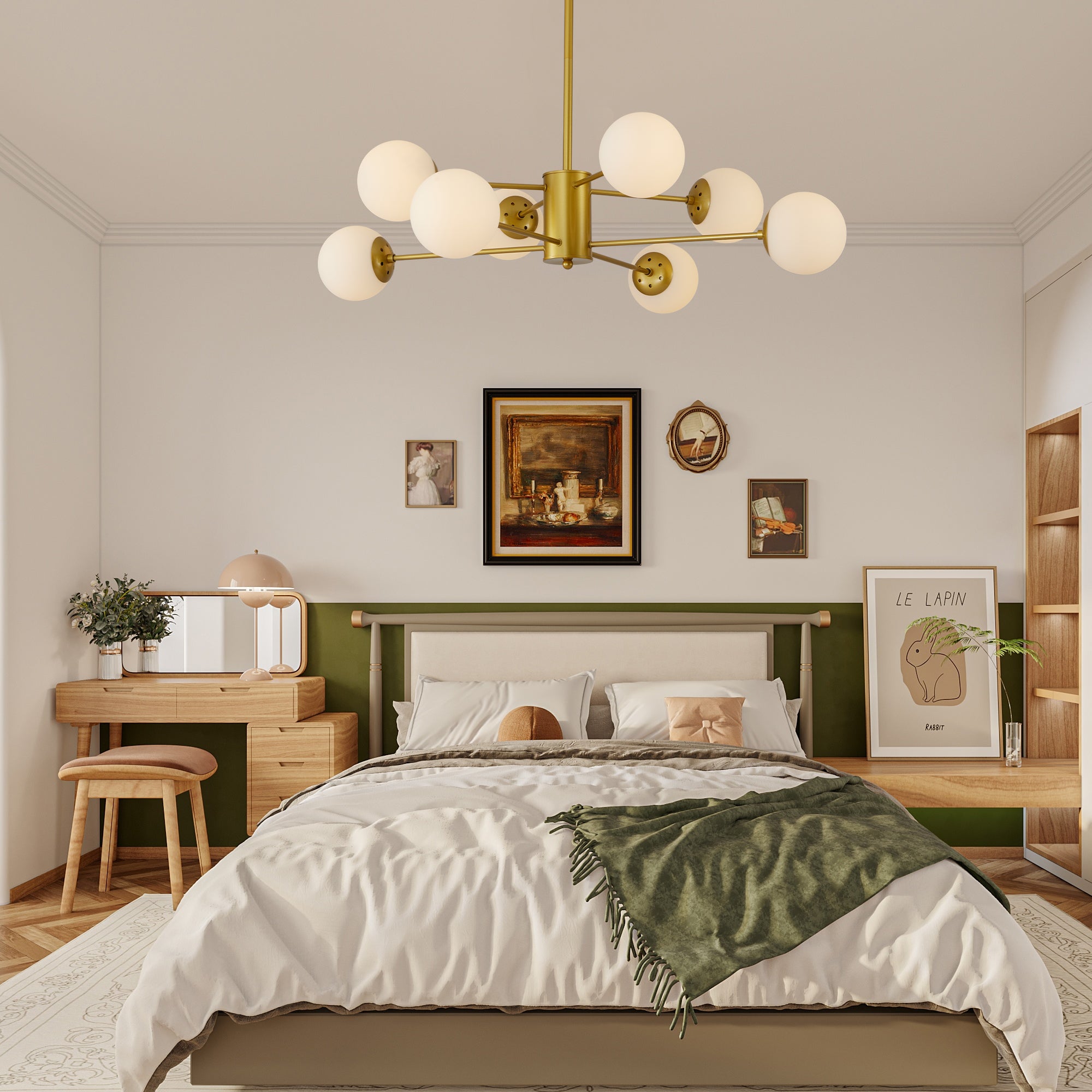 35" 8-Light Chandelier with White Glass Globe Shades