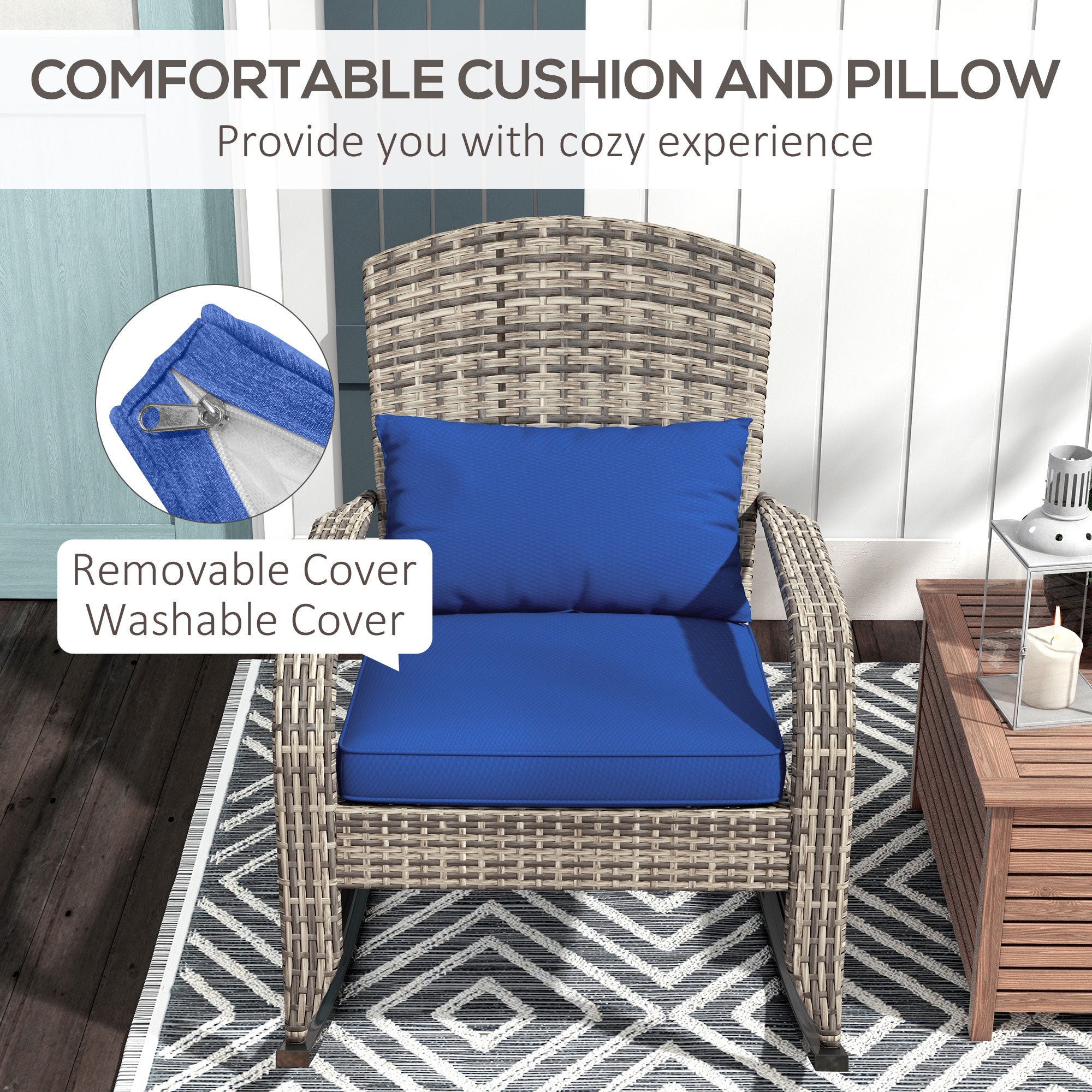 Outdoor Wicker Adirondack Rocking Chair with High Back & Seat Cushion