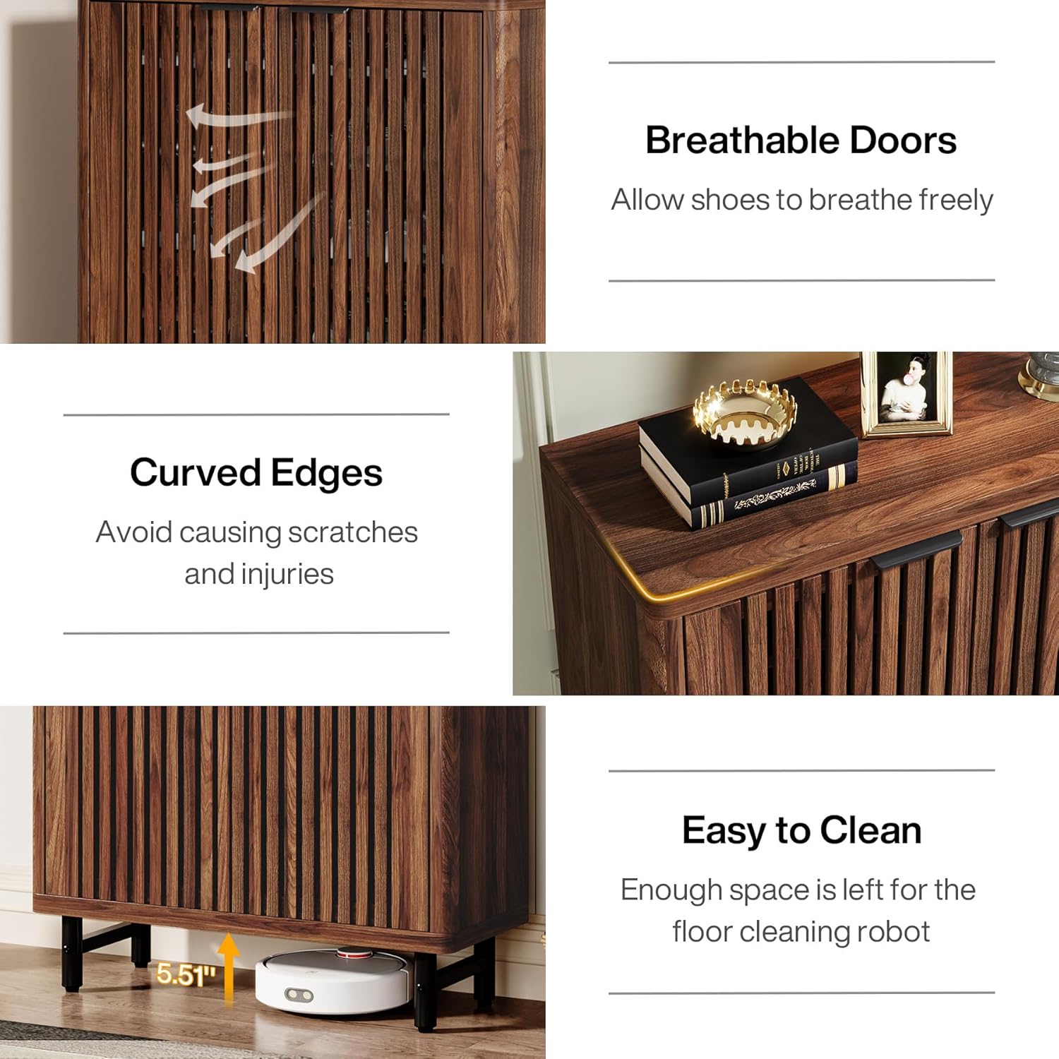 Modern Black Wooden 6-Tier Shoe Cabinet with Louvered Doors