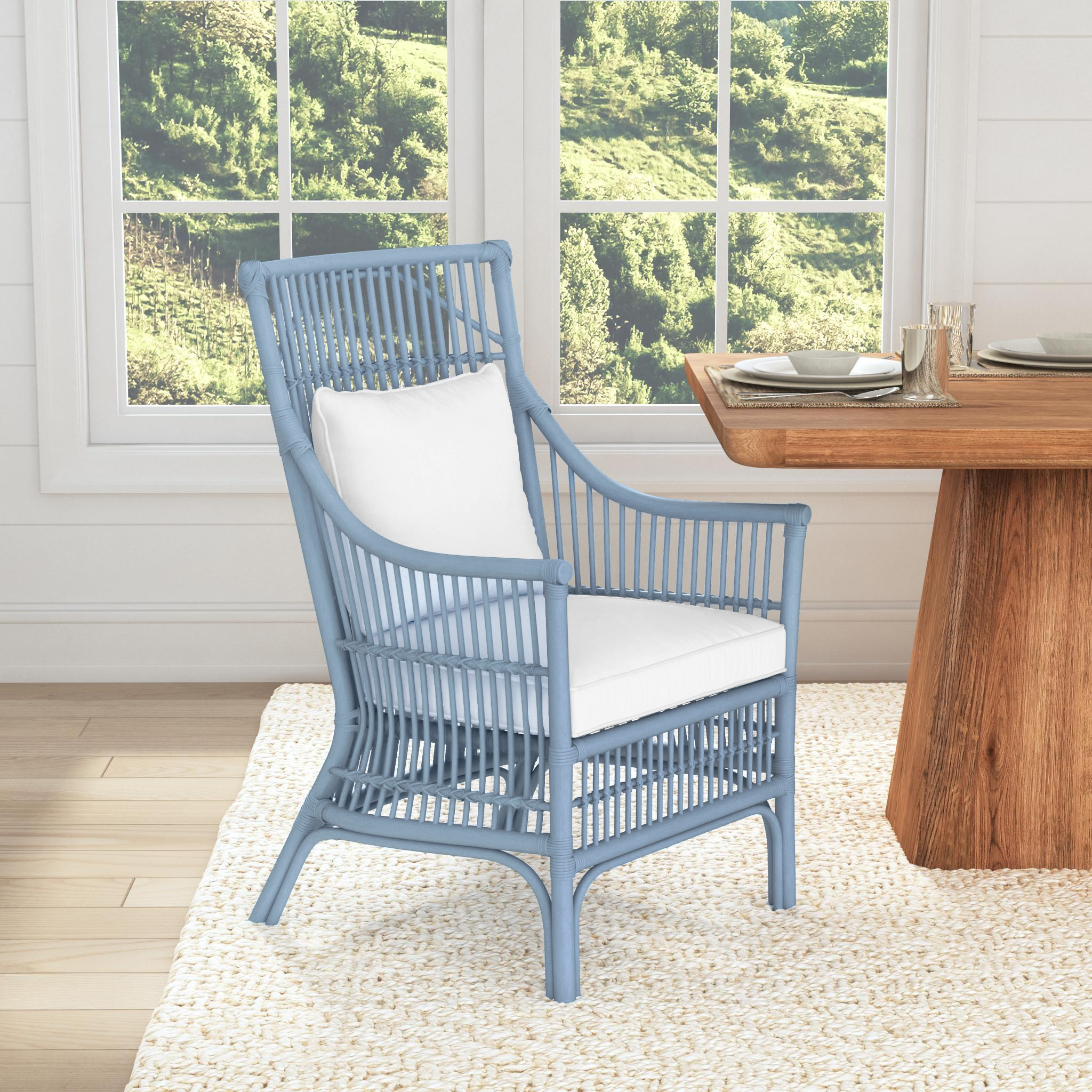 Rattan Slat Back Dining Arm Chair Light Blue